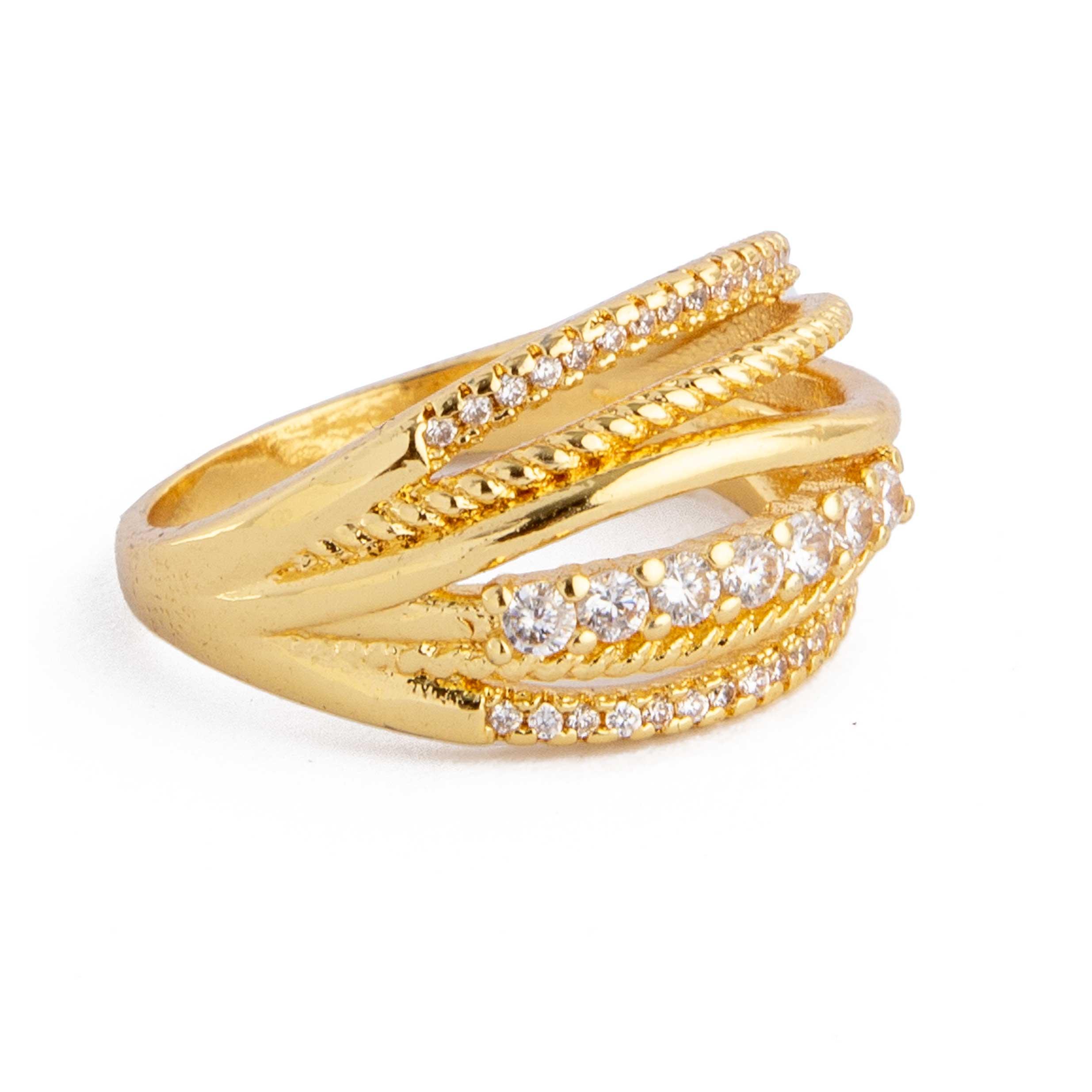 Golden Crystal Intertwined Band Ring. Gold ring with crystal-studded bands. Layered, statement jewelry.