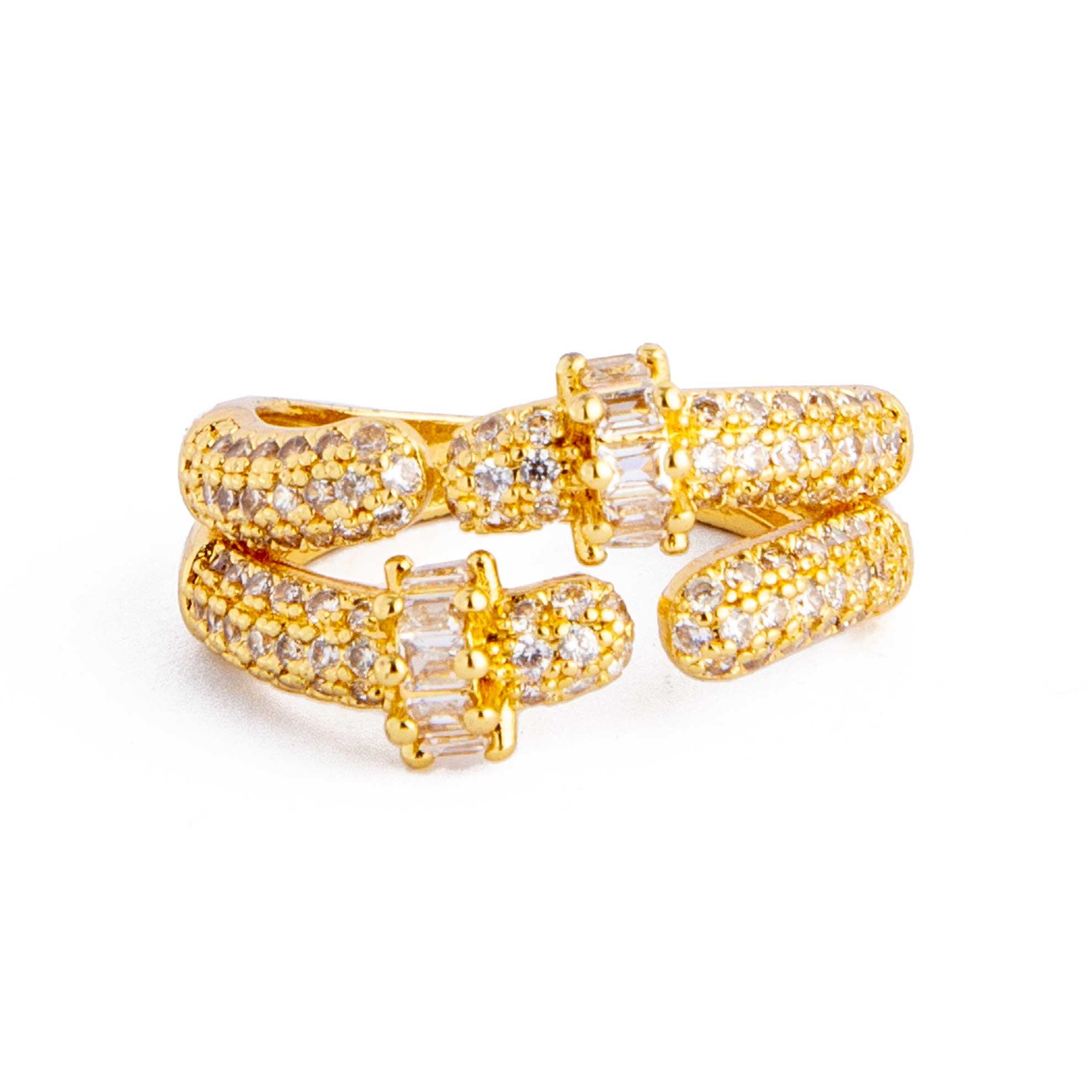 Golden Crystal Knot Open Wrap Ring. Gold ring with crystal-encrusted knot details. Adjustable, statement jewelry.