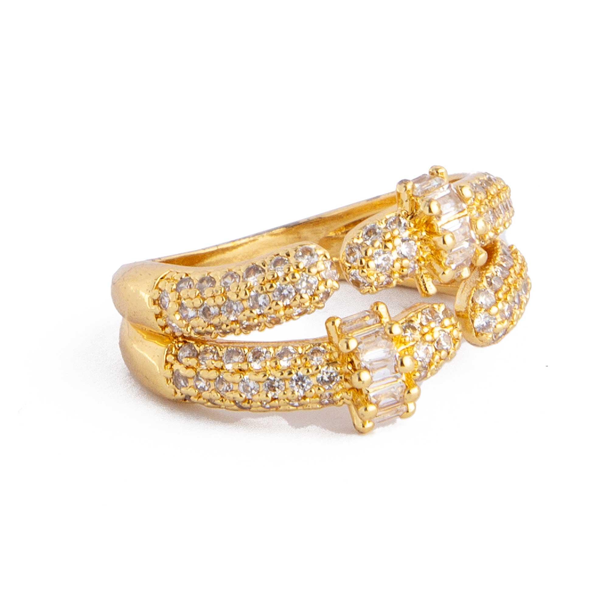 Golden Crystal Knot Open Wrap Ring. Gold ring with crystal-encrusted knot details. Adjustable, statement jewelry.