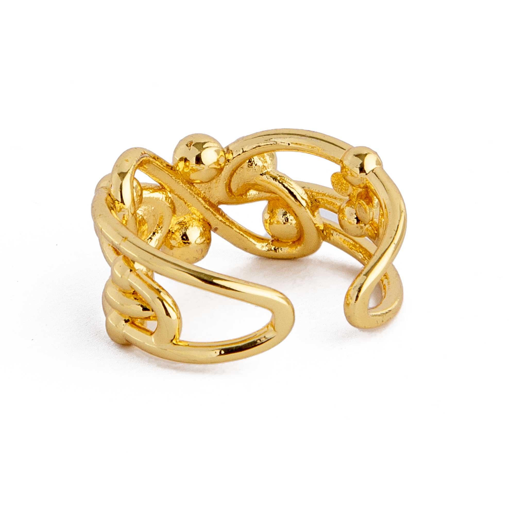 Golden Linked Ball Open Wrap Ring. Gold ring with linked bands and ball accents. Adjustable, modern jewelry