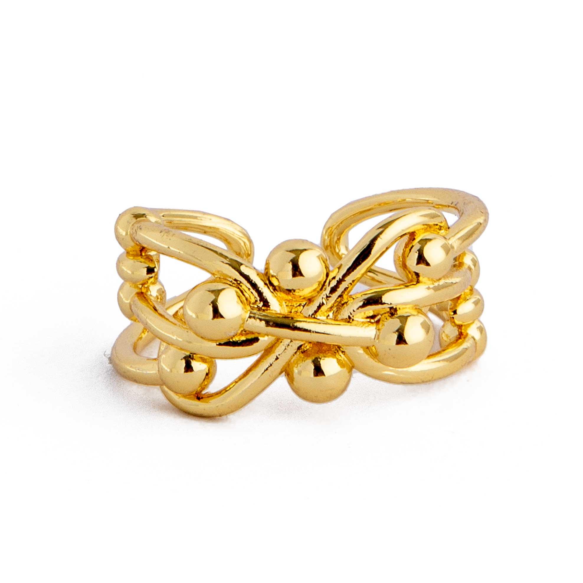 Golden Linked Ball Open Wrap Ring. Gold ring with linked bands and ball accents. Adjustable, modern jewelry