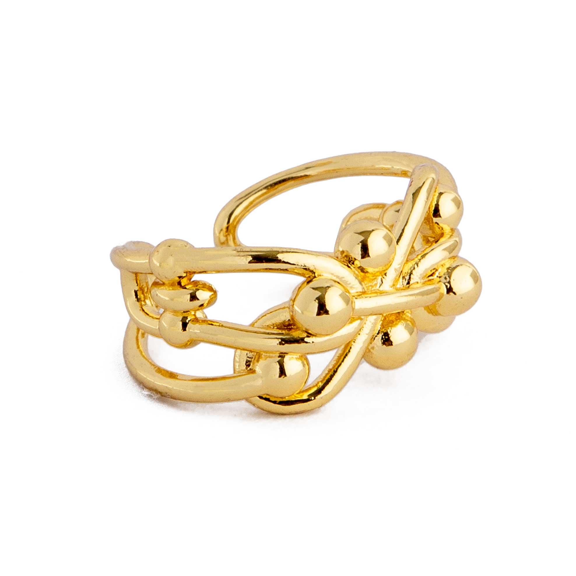 Golden Linked Ball Open Wrap Ring. Gold ring with linked bands and ball accents. Adjustable, modern jewelry