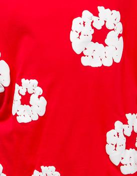 Denim Tears CYYYD6 red t-shirt and shorts set with white floral design