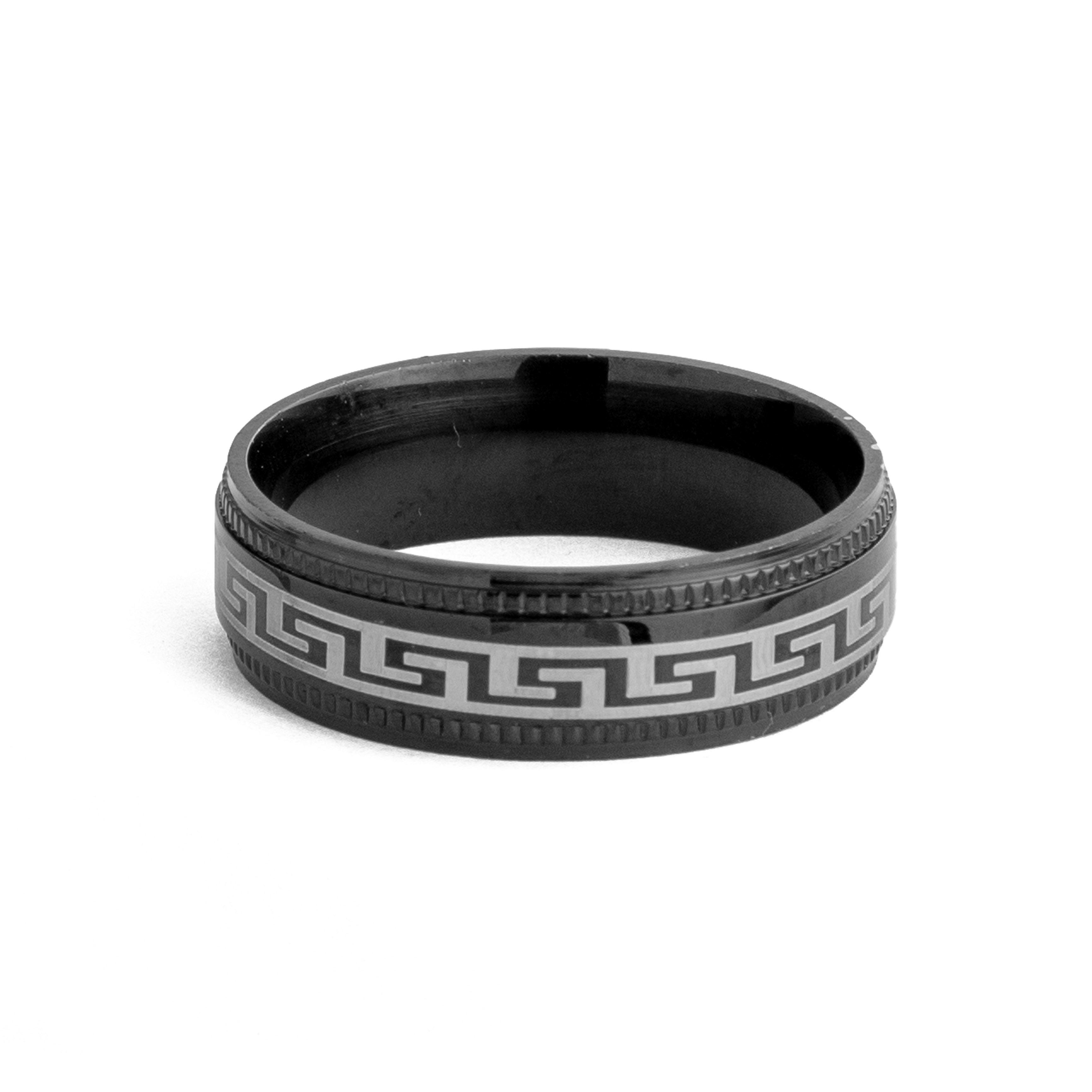 Black titanium steel ring with Greek key pattern, modern unisex band.