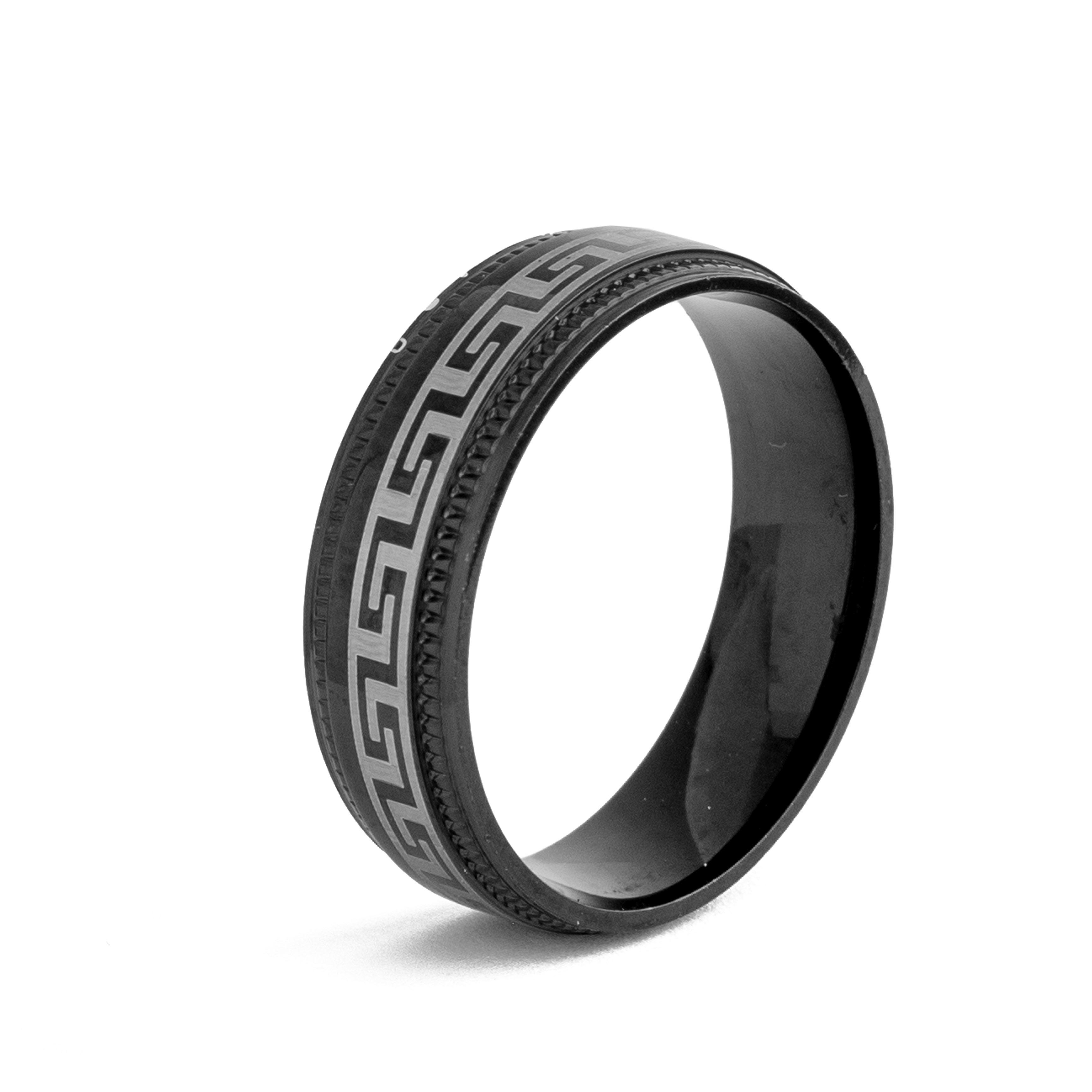 Black titanium steel ring with Greek key pattern, modern unisex band.