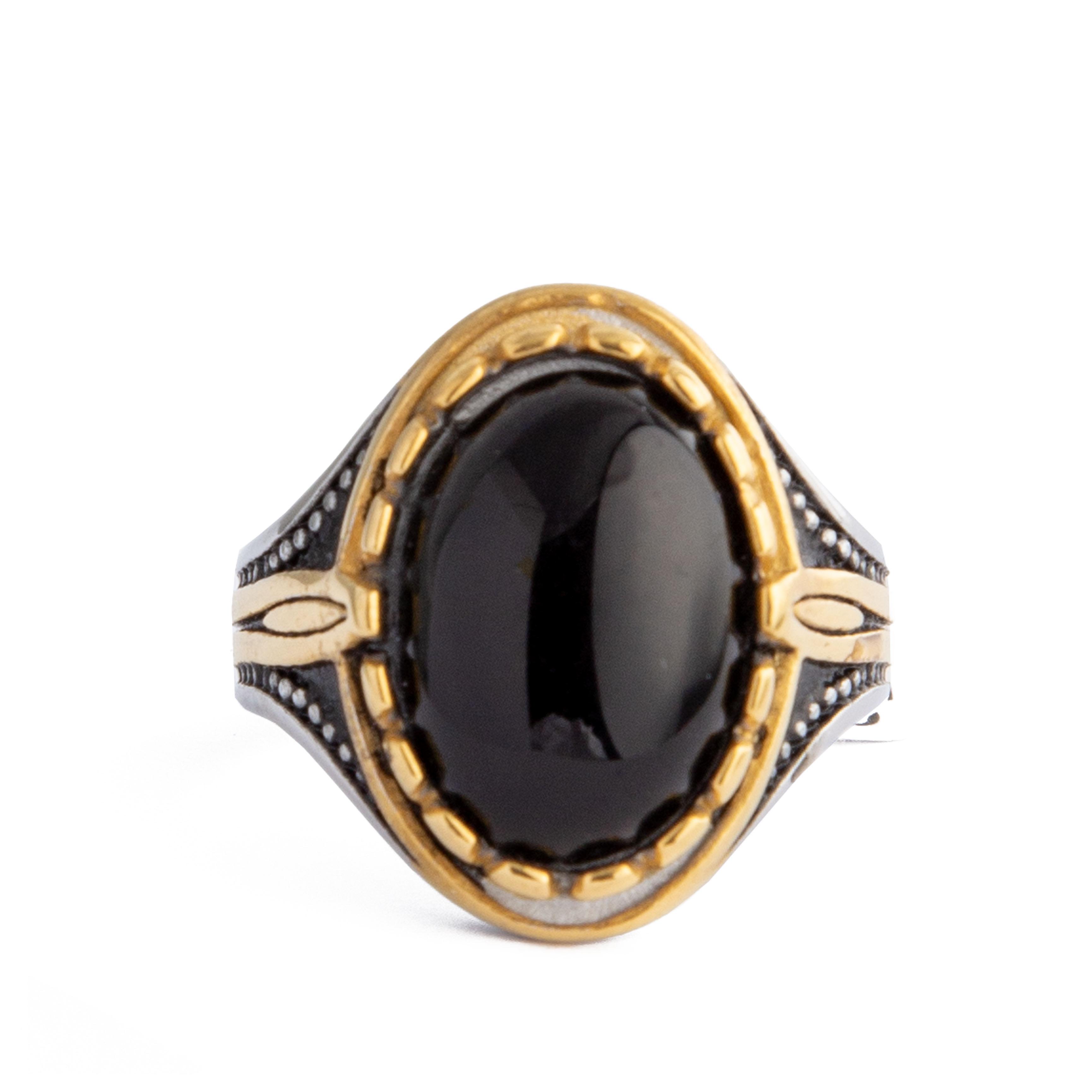 Assur Onyx Ring, black stone with silver and gold metal band, statement ring.