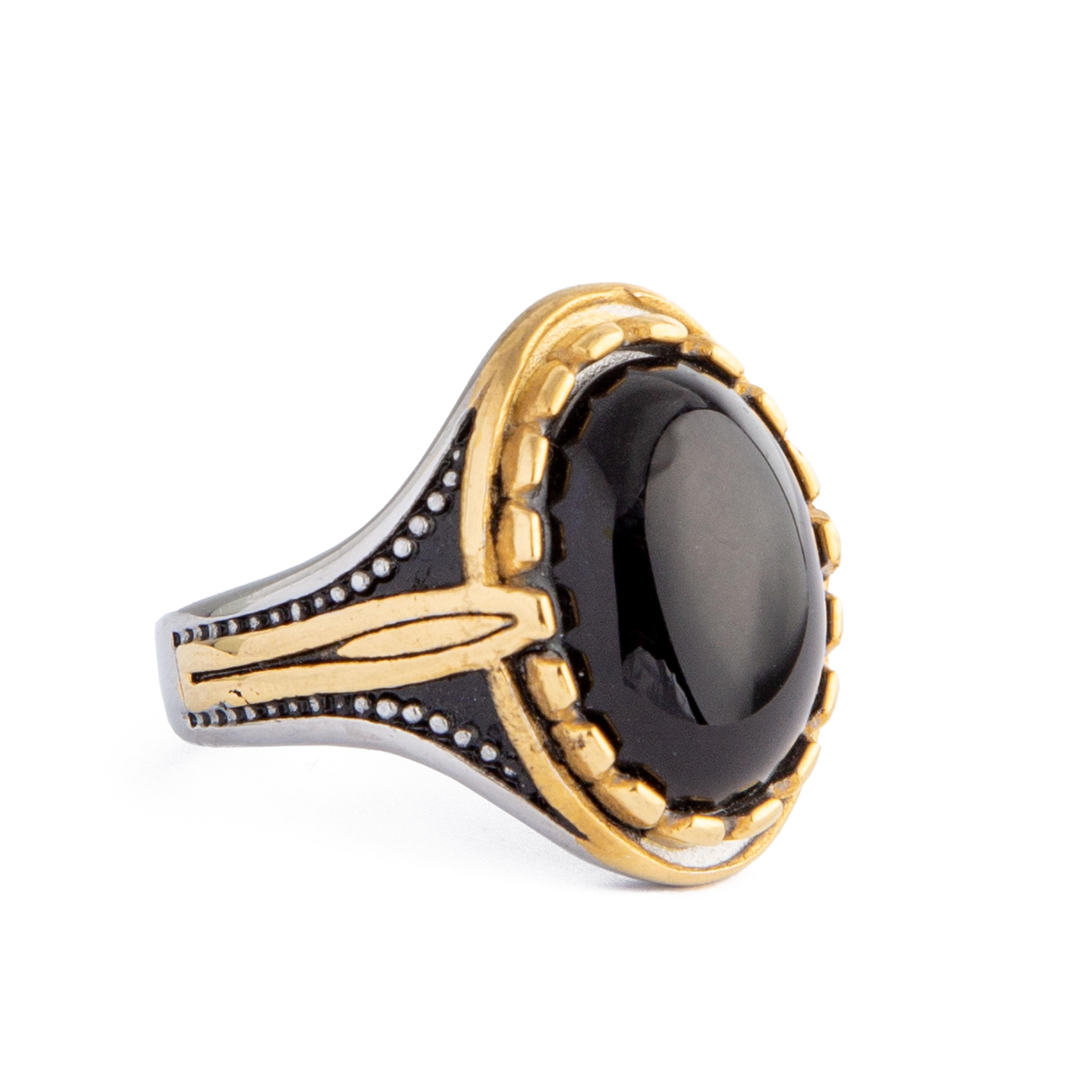 Assur Onyx Ring, black stone with silver and gold metal band, statement ring.