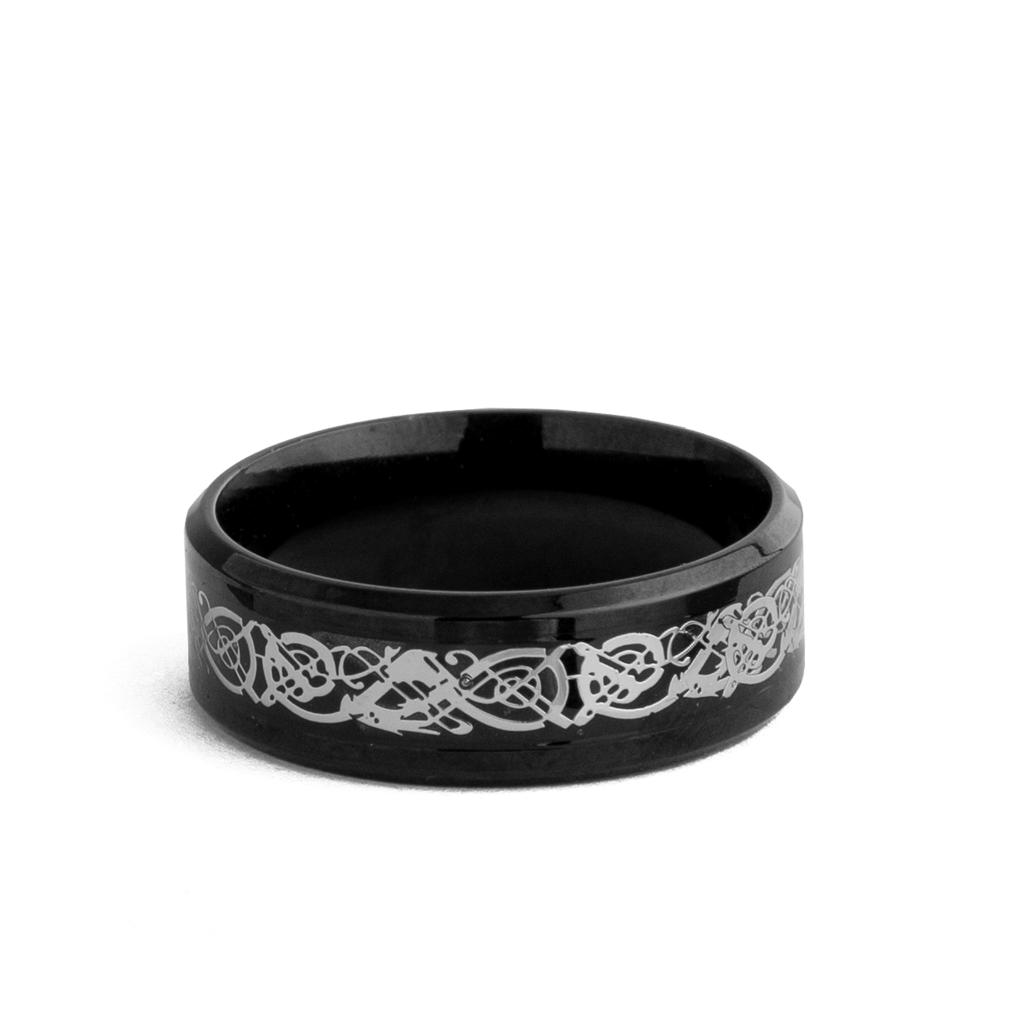 Celtic Dragon Black Tungsten Carbide Ring, men's band with grey laser-etched design.