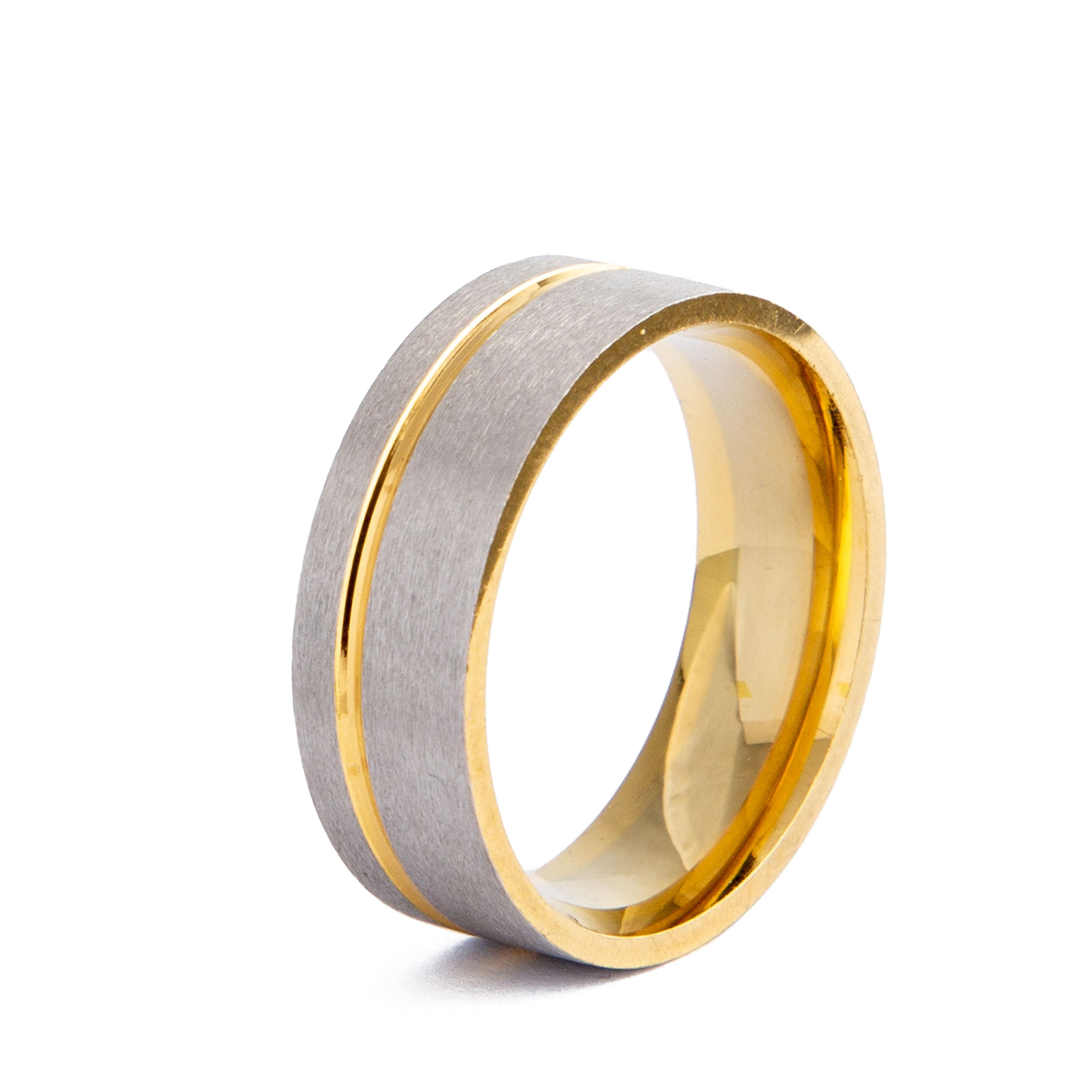 Brushed Tungsten Carbide and Gold Wedding Ring, flat profile, two-tone design.