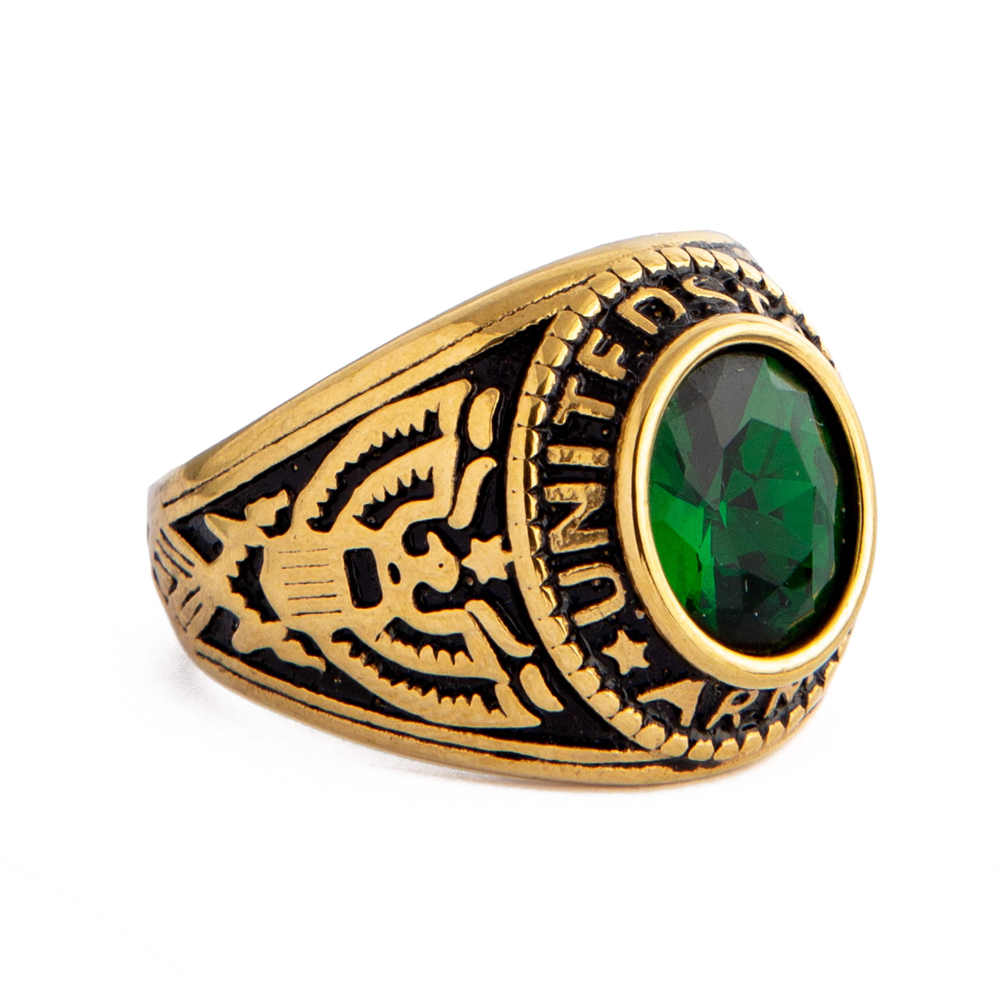 US Army Military Ring with Green Stone, gold-toned band, patriotic design.