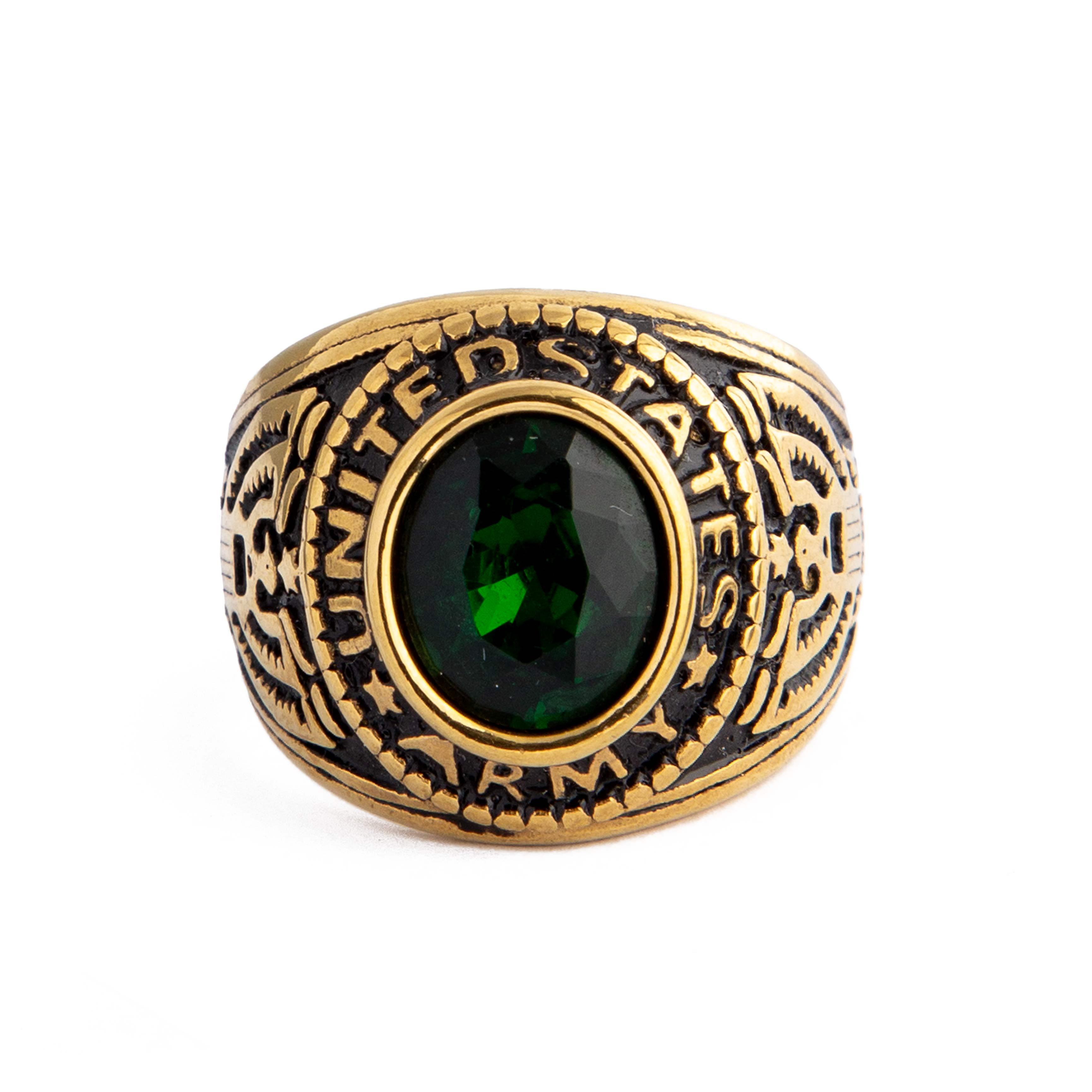 US Army Military Ring with Green Stone, gold-toned band, patriotic design.