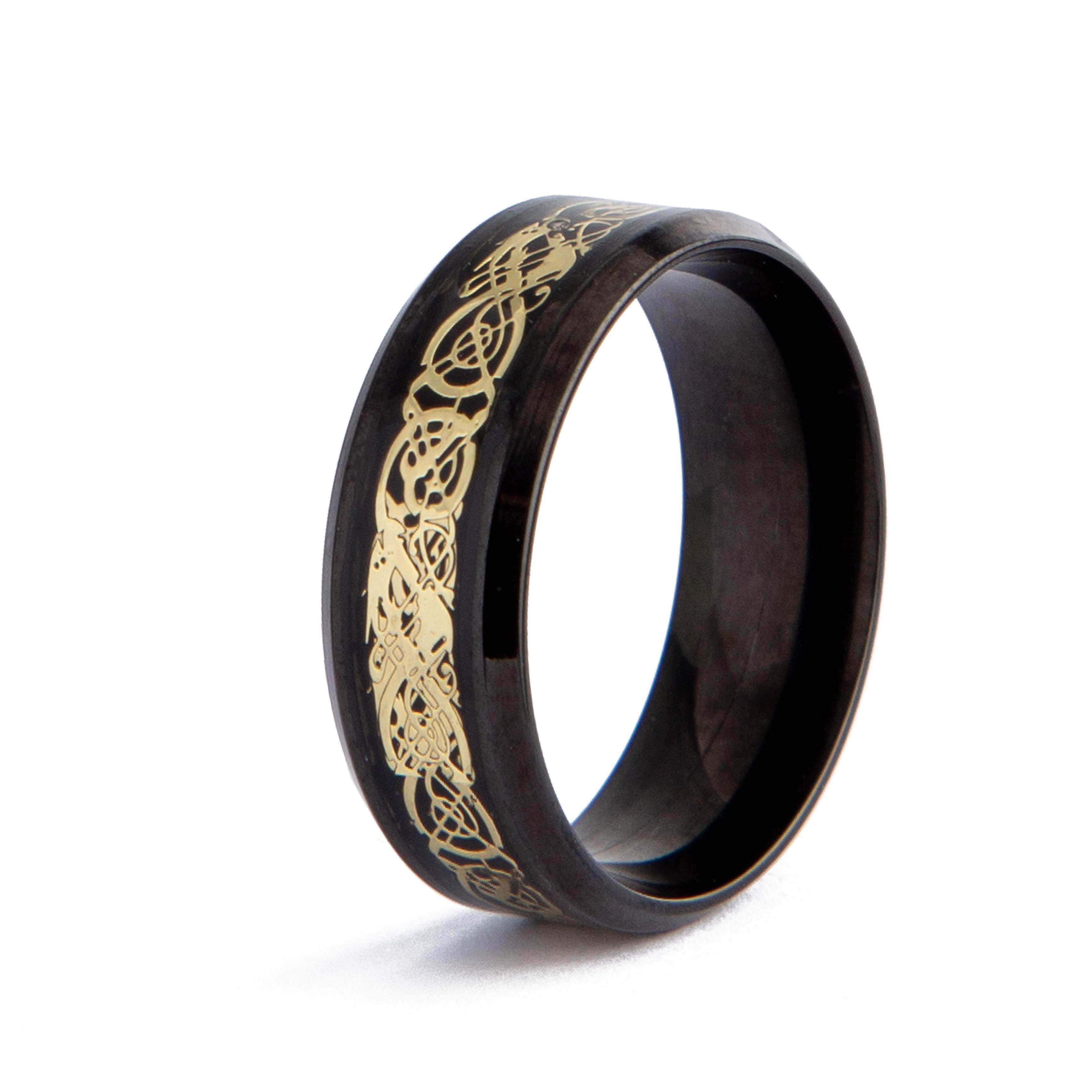 Black and Gold Celtic Dragon Tungsten Carbide Ring, men's band with intricate design.