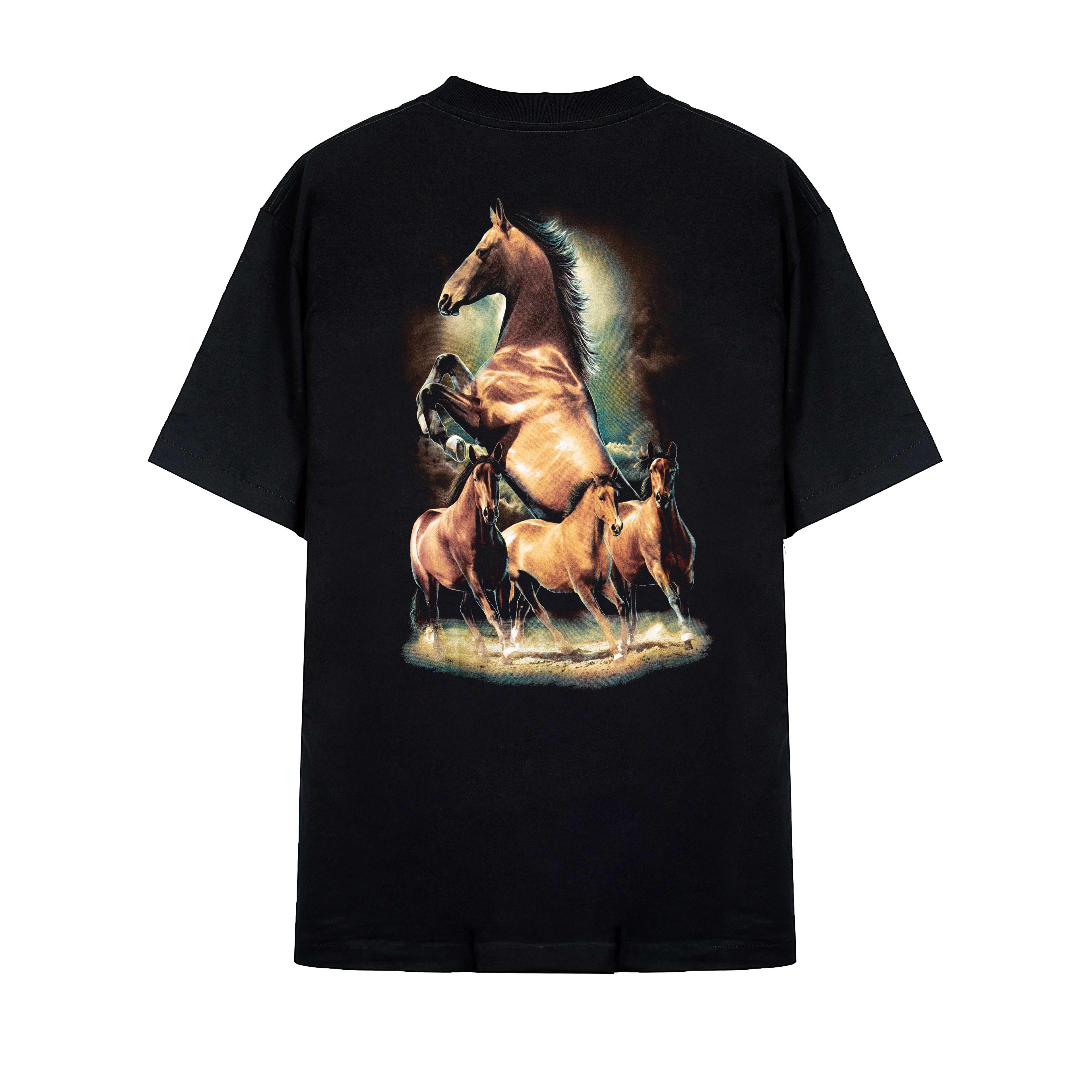 "Rock Eagle black unisex T-shirt with detailed running and rearing horse graphic – nature-themed streetwear"