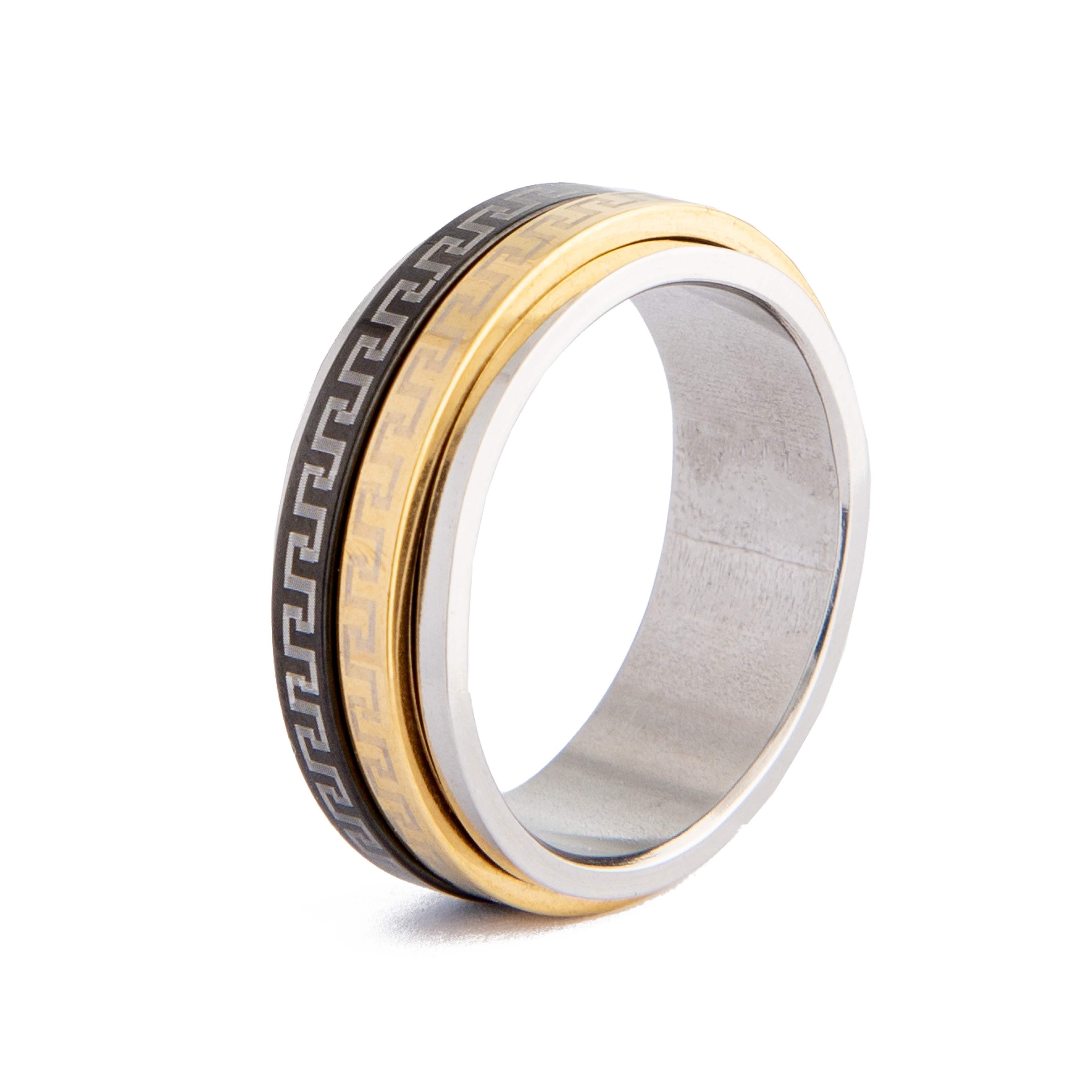 Greek Key Spinner Ring in silver, gold, and black stainless steel