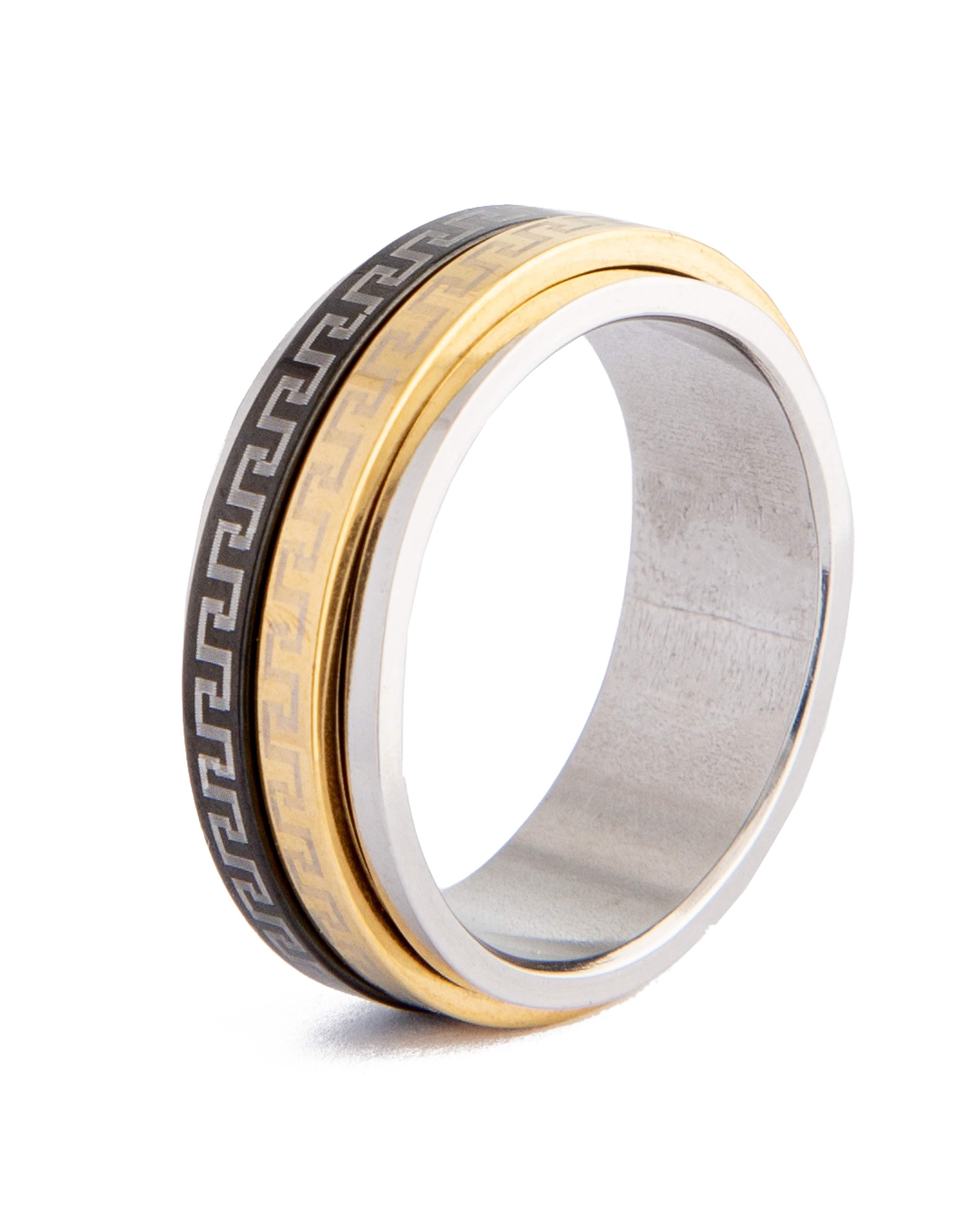 Stainless Greek Key Spinner Ring, 11575 - Silver, Gold & Black