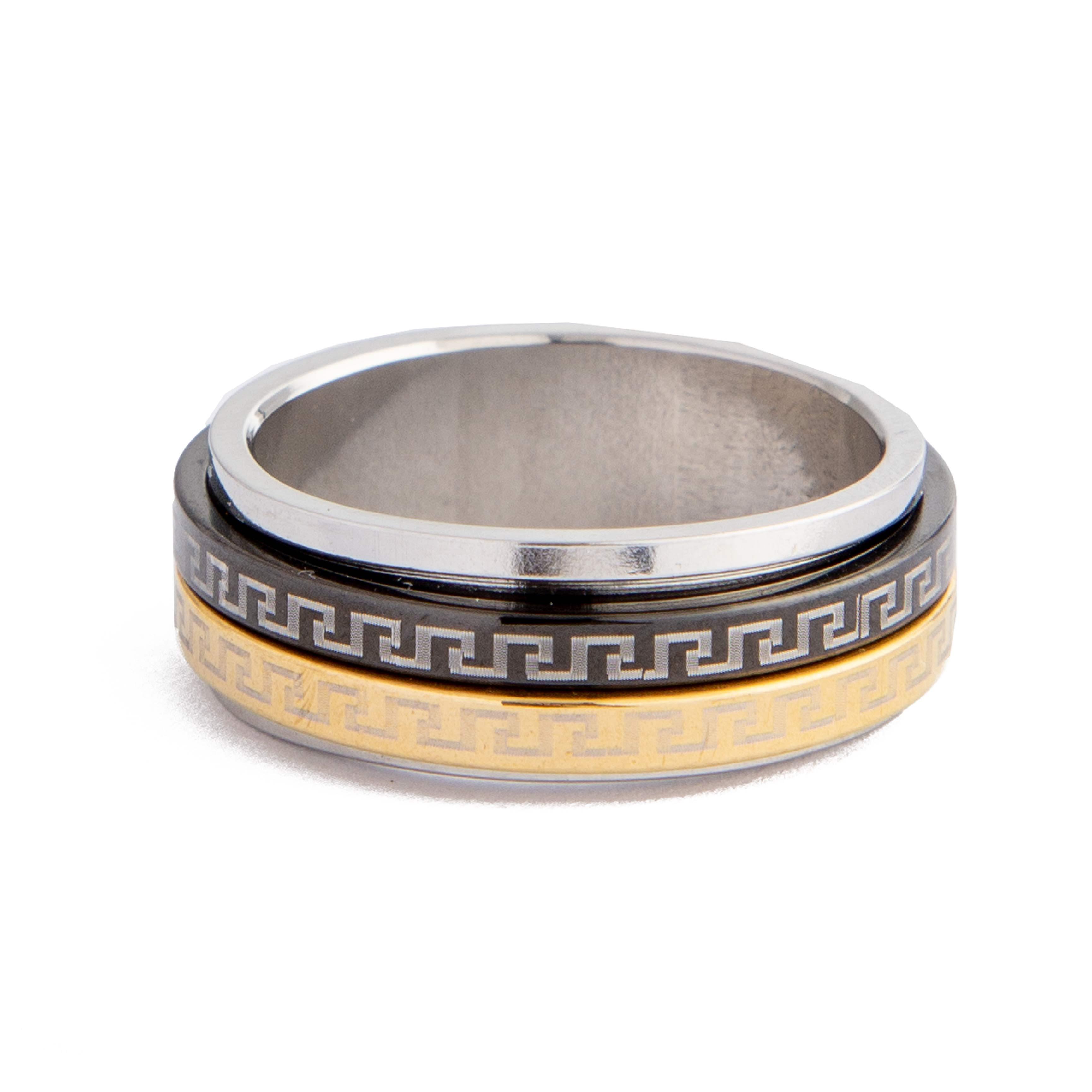 Greek Key Spinner Ring in silver, gold, and black stainless steel
