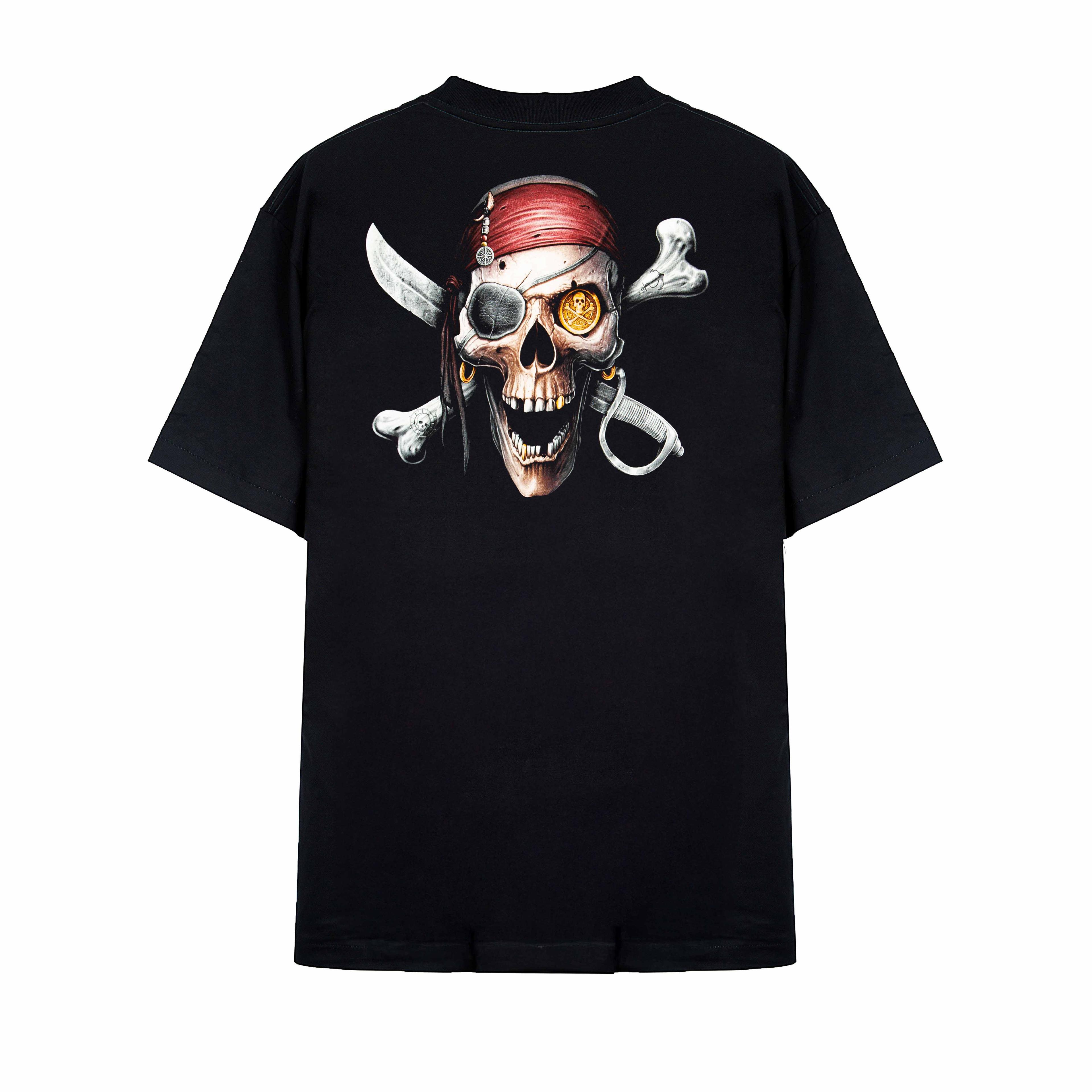 "Rock Eagle black unisex T-shirt with detailed ghost pirate captain graphic – gothic fantasy streetwear"