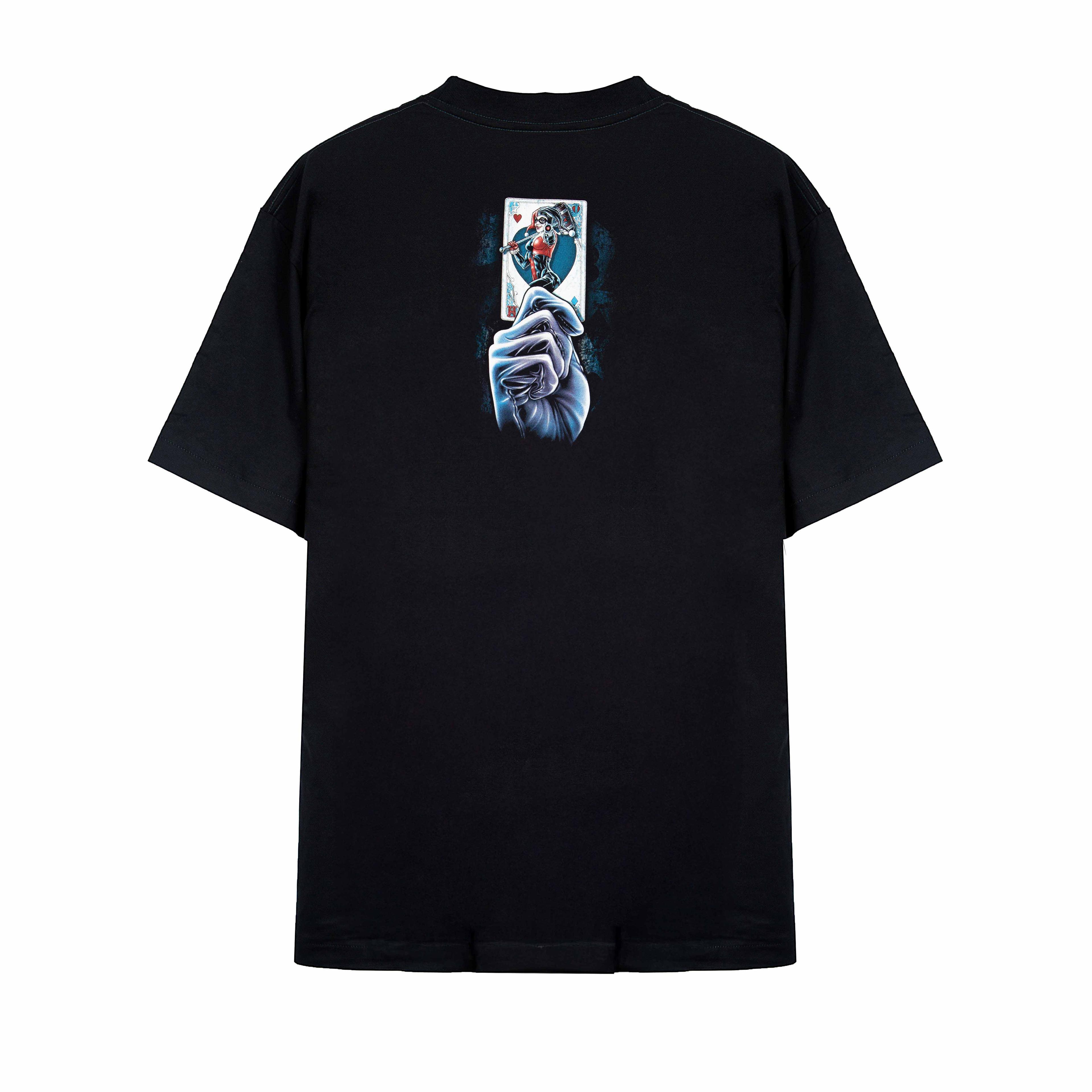 "Rock Eagle black unisex T-shirt with vivid sinister clown graphic holding a playing card – gothic streetwear design"