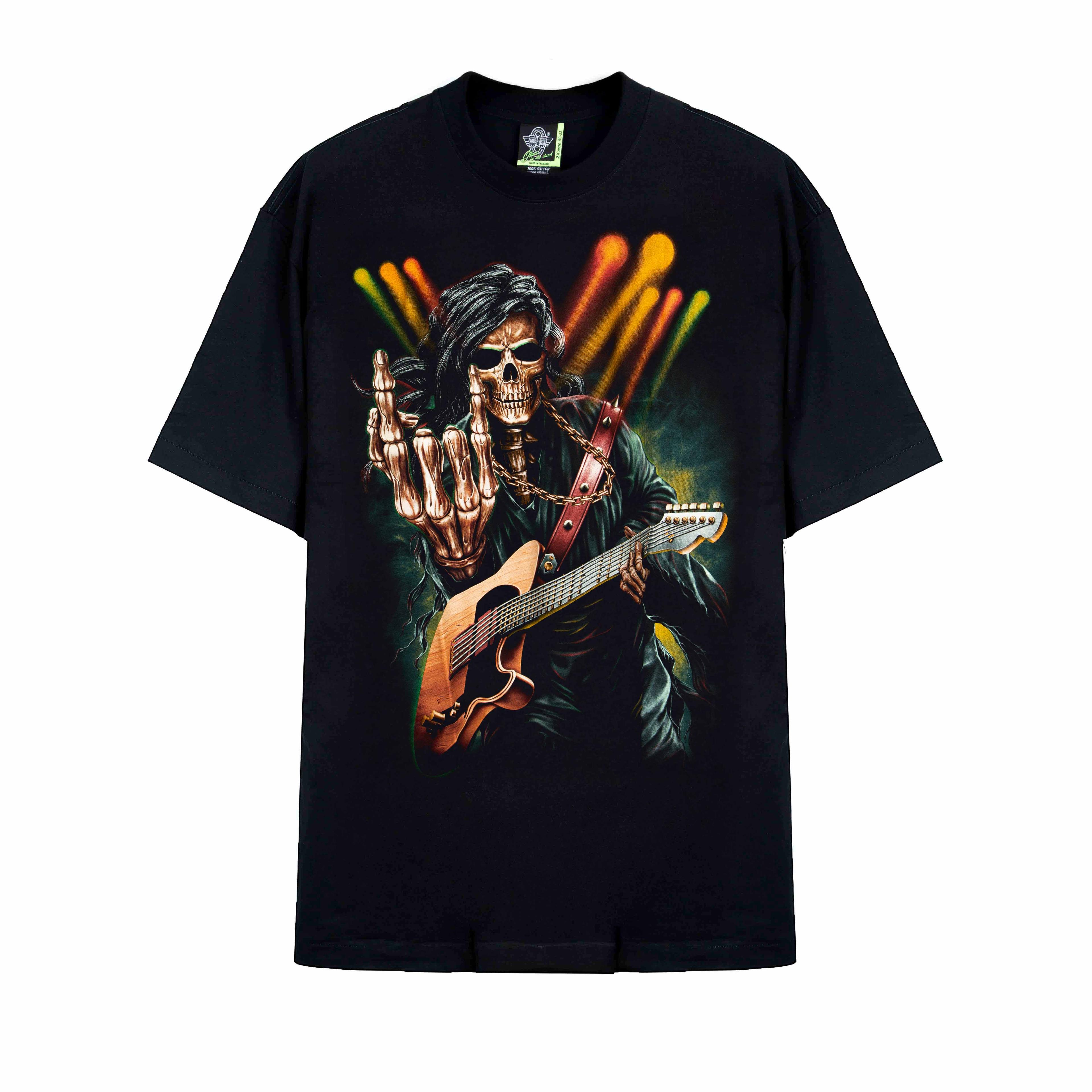 Rock Eagle Black Skeleton Guitar Rocker Unisex T-Shirt, 11606- Black