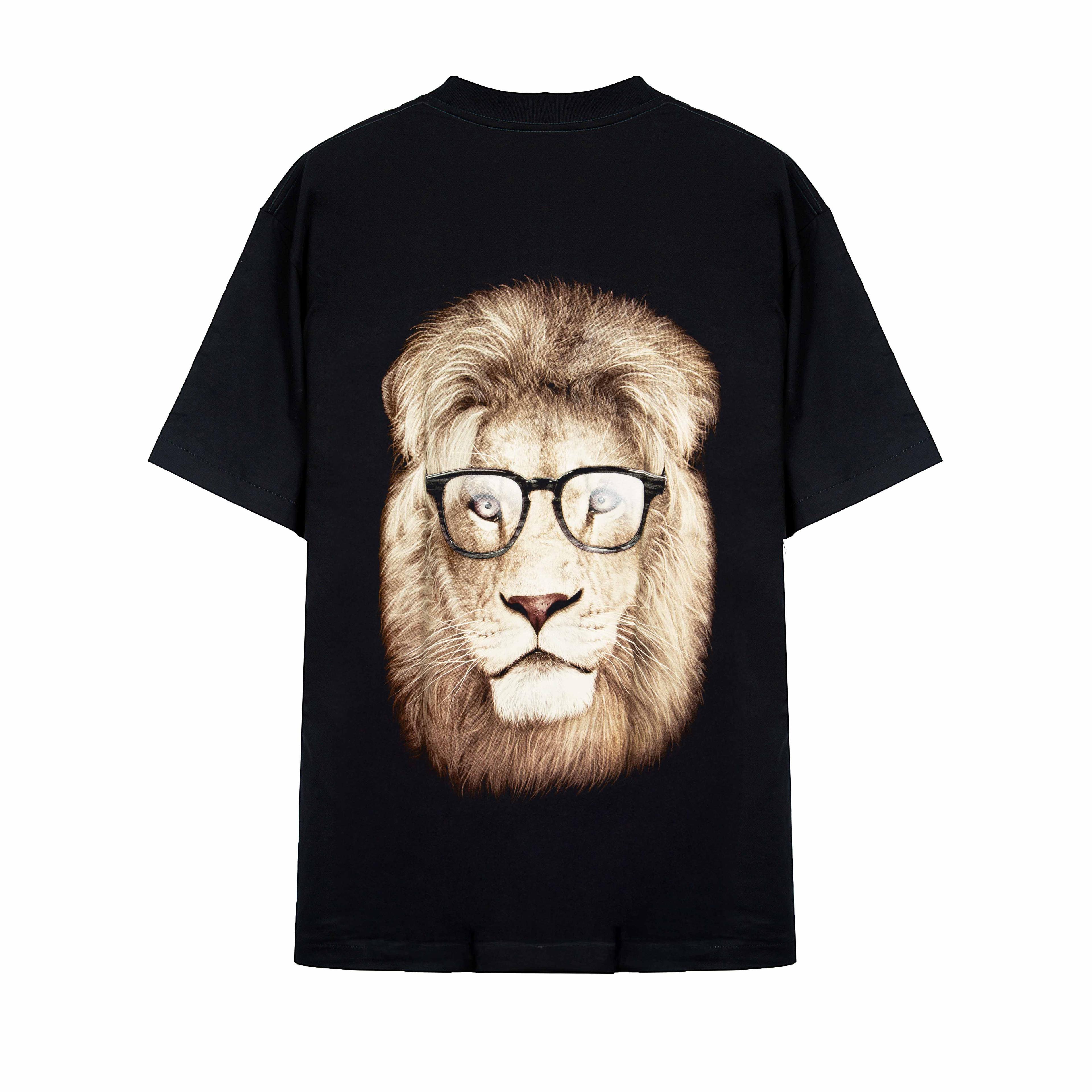 Rock Eagle black unisex t-shirt with a realistic graphic of a lion's head wearing black-framed glasses, giving it a hipster look.
