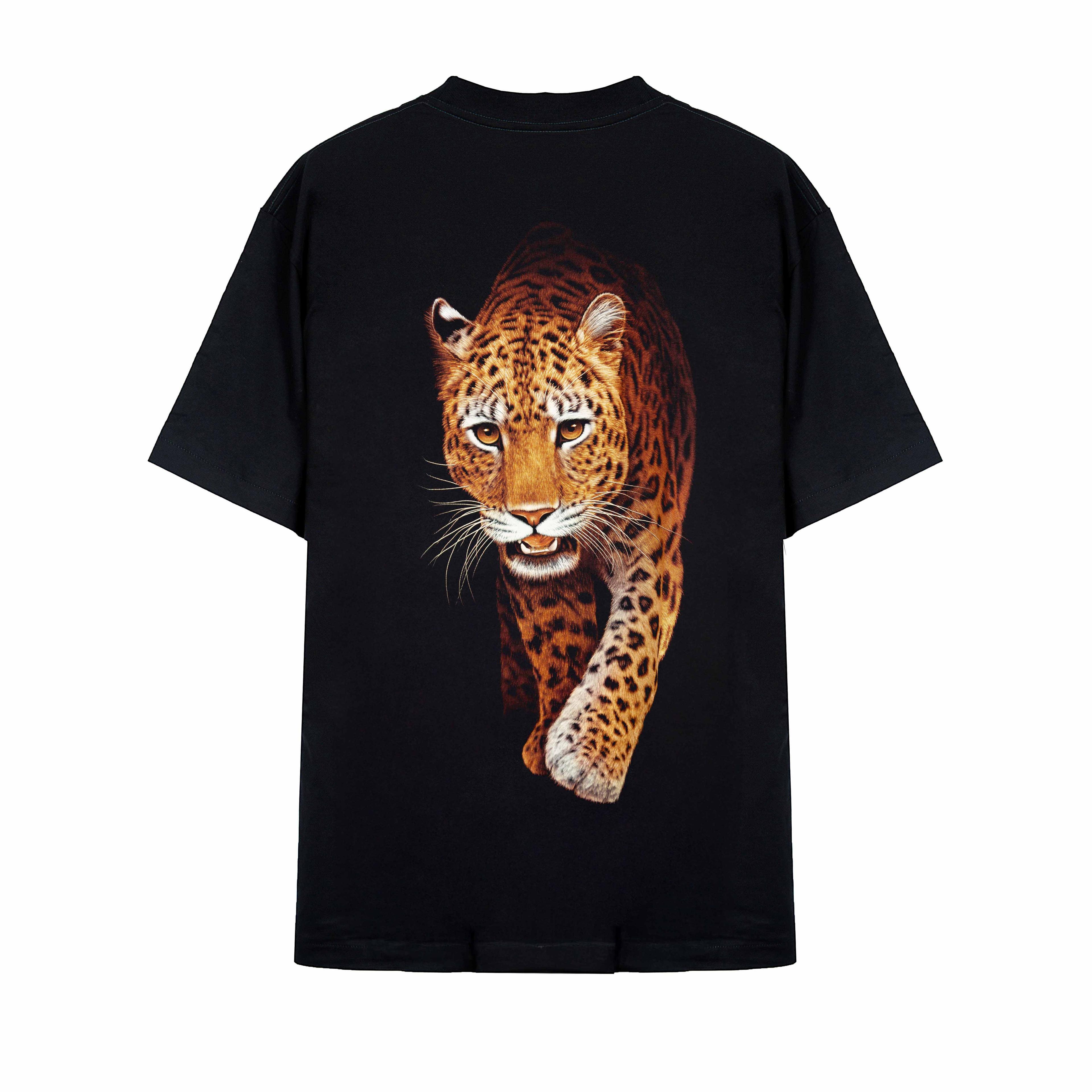 Rock Eagle black unisex t-shirt with a cosmic graphic of four lion heads clustered above a decorative dreamcatcher with feathers and a starry night background.