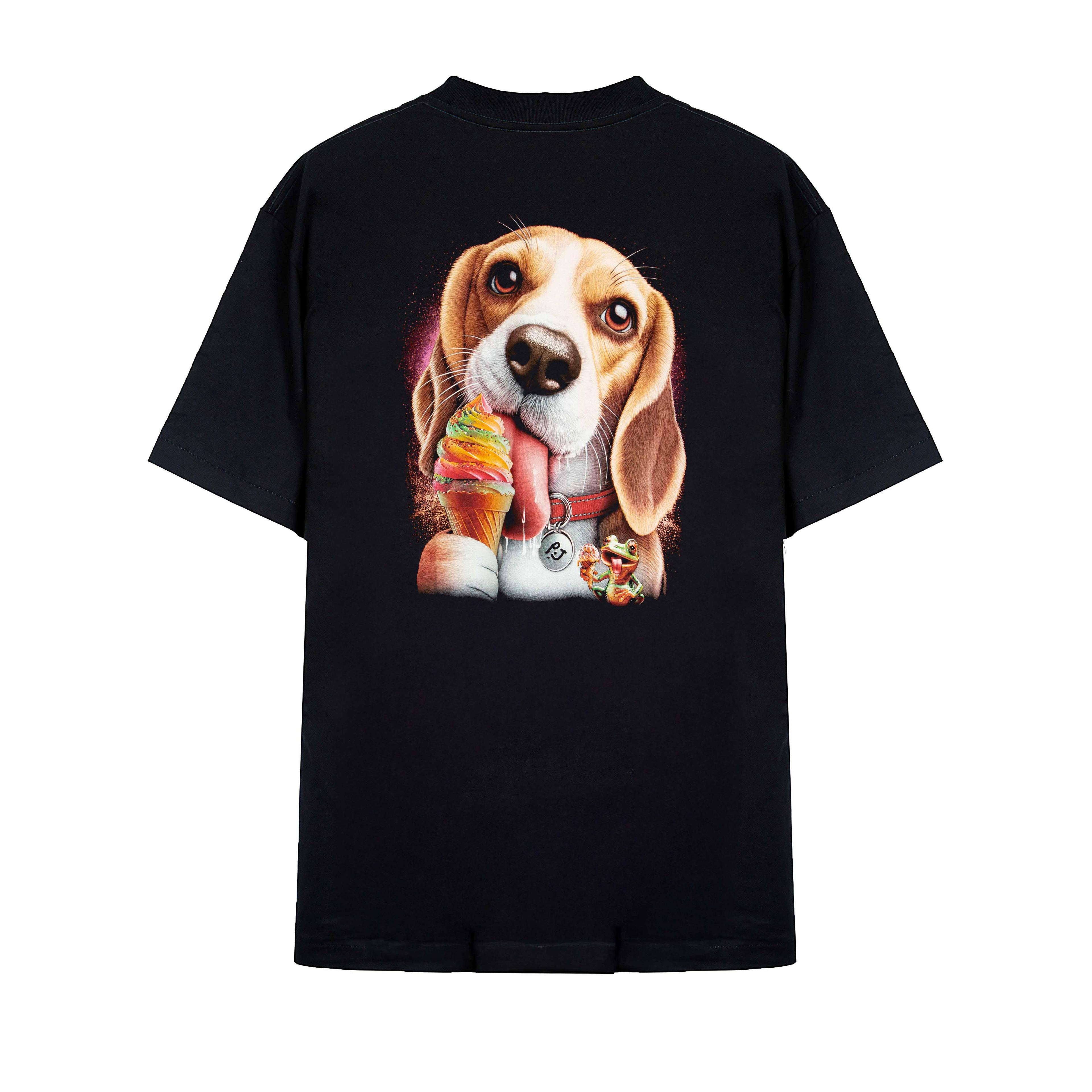 Rock Eagle black unisex t-shirt with a detailed, cute graphic of a Beagle dog happily licking a colorful, rainbow-swirl ice cream cone.