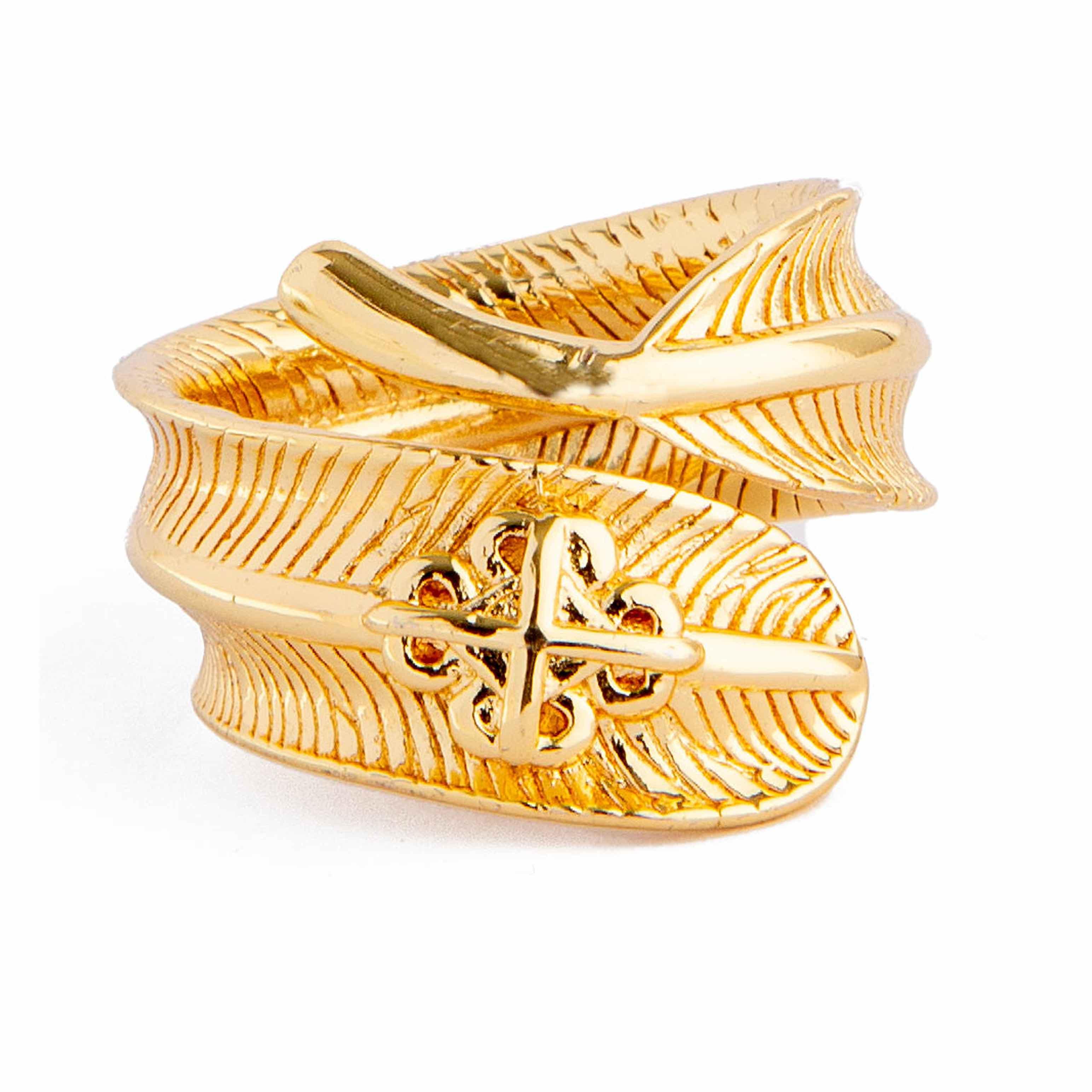 Golden Feather Wrap Ring with Cross Detail. Intricate feather texture and central cross design. Bold statement jewelry