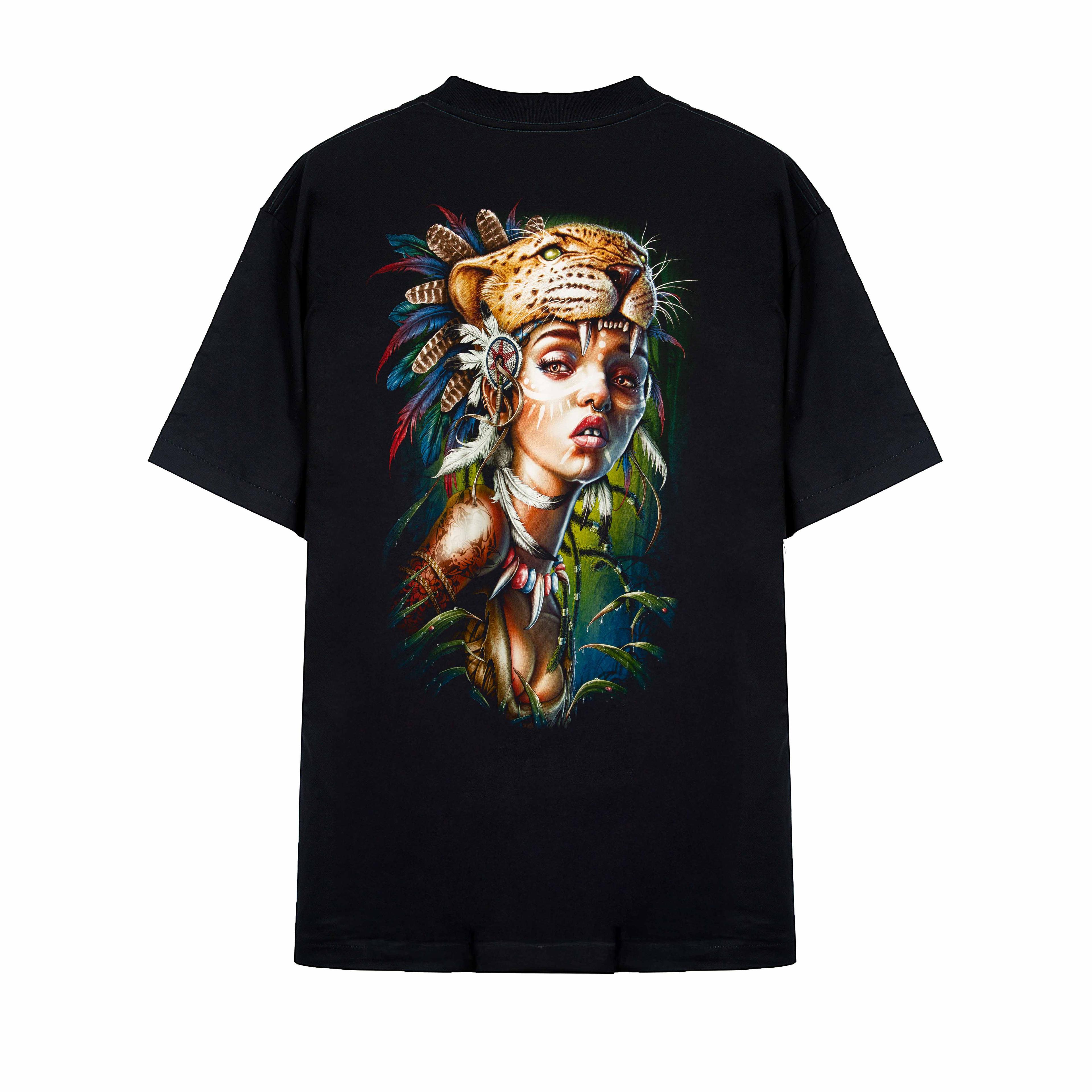 Rock Eagle black unisex t-shirt with a detailed graphic of a woman warrior wearing a leopard/jaguar headdress, body paint, and tribal jewelry in a misty jungle setting.