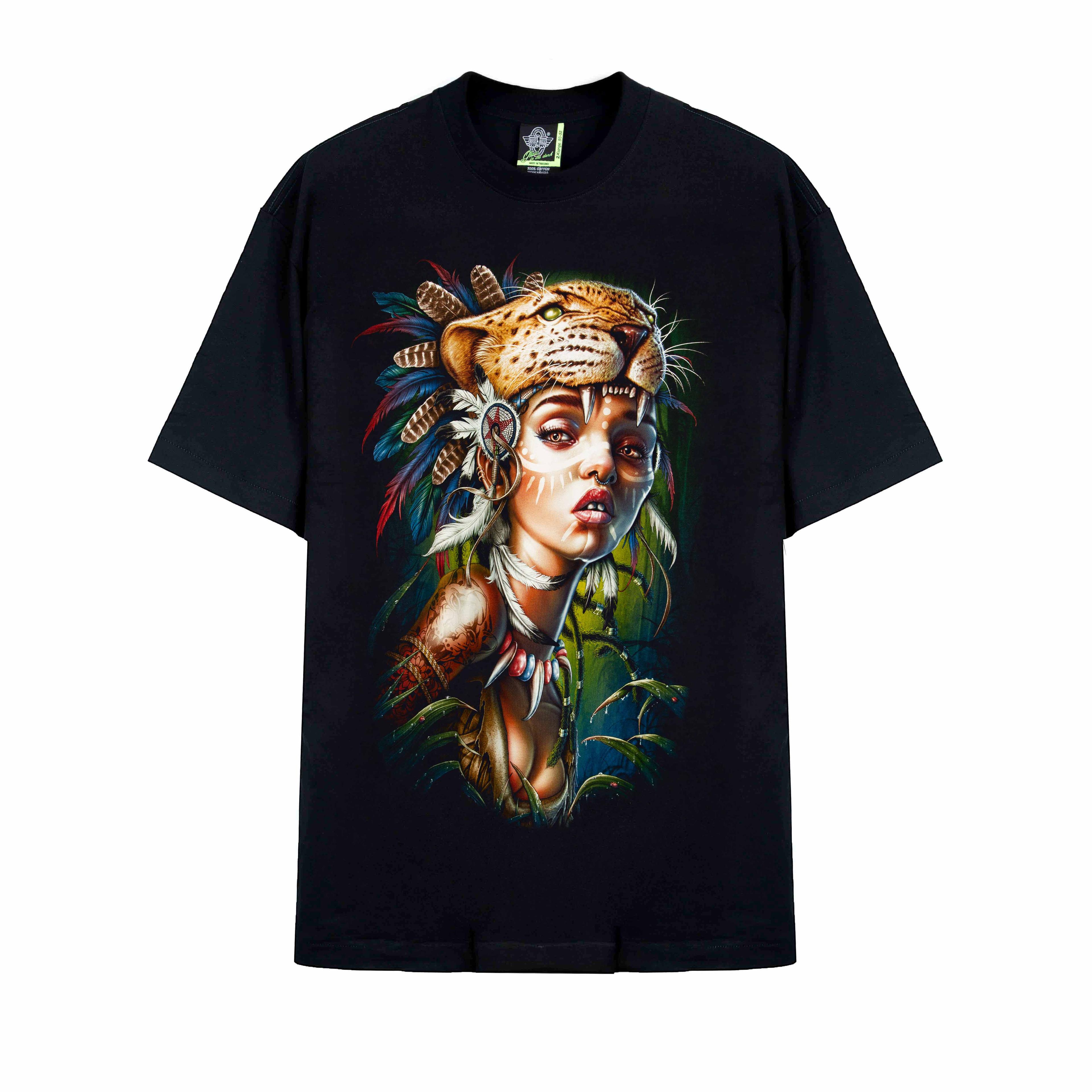 Rock Eagle black unisex t-shirt with a detailed graphic of a woman warrior wearing a leopard/jaguar headdress, body paint, and tribal jewelry in a misty jungle setting.