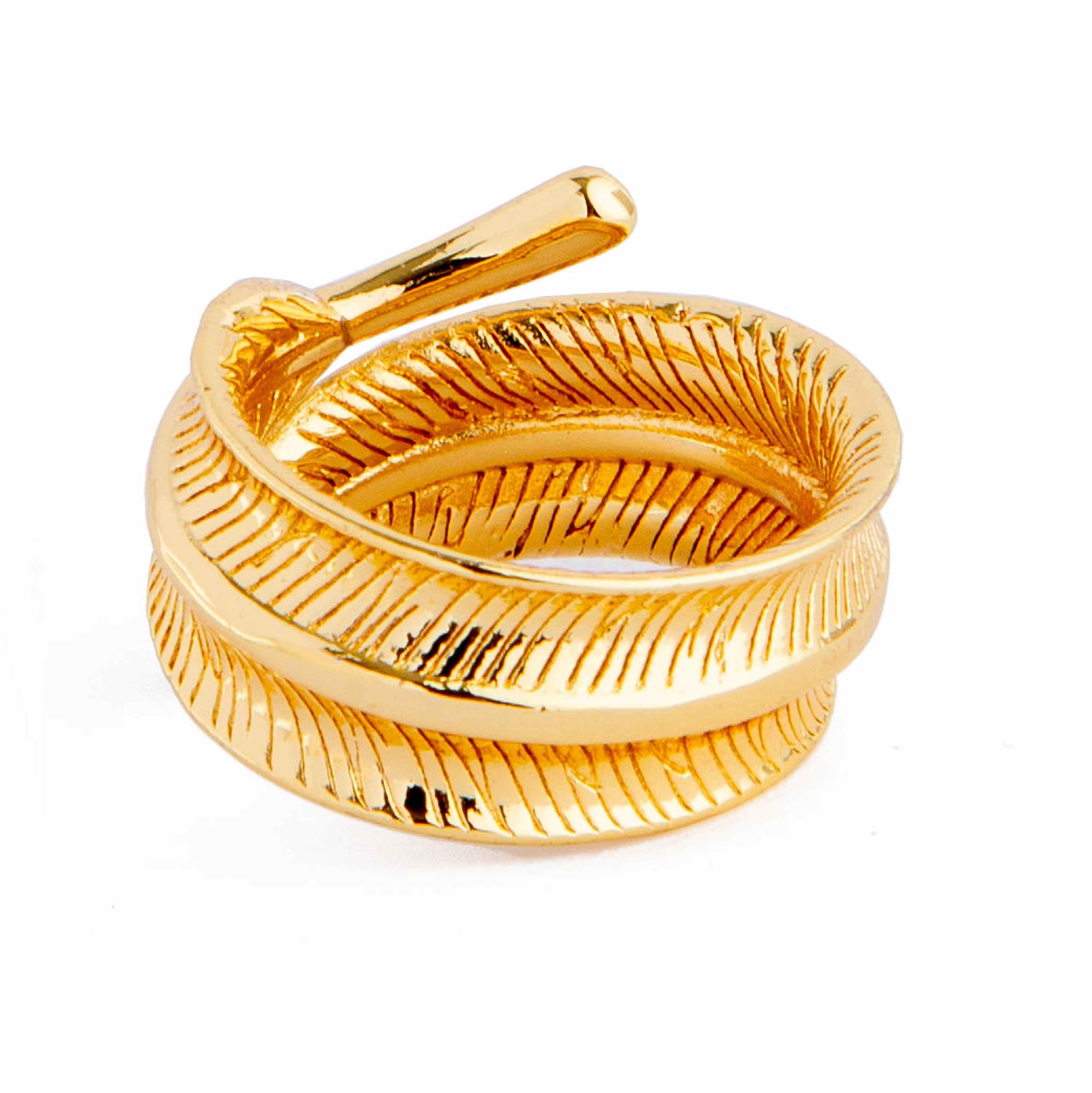 Golden Feather Wrap Ring with Cross Detail. Intricate feather texture and central cross design. Bold statement jewelry
