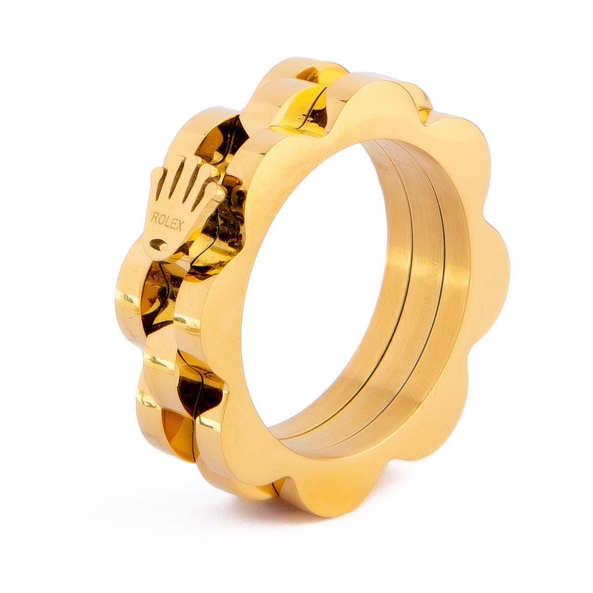 Rolex Inspired Scalloped Stacking Ring. Gold ring with scalloped design and crown logo. Statement jewelry.