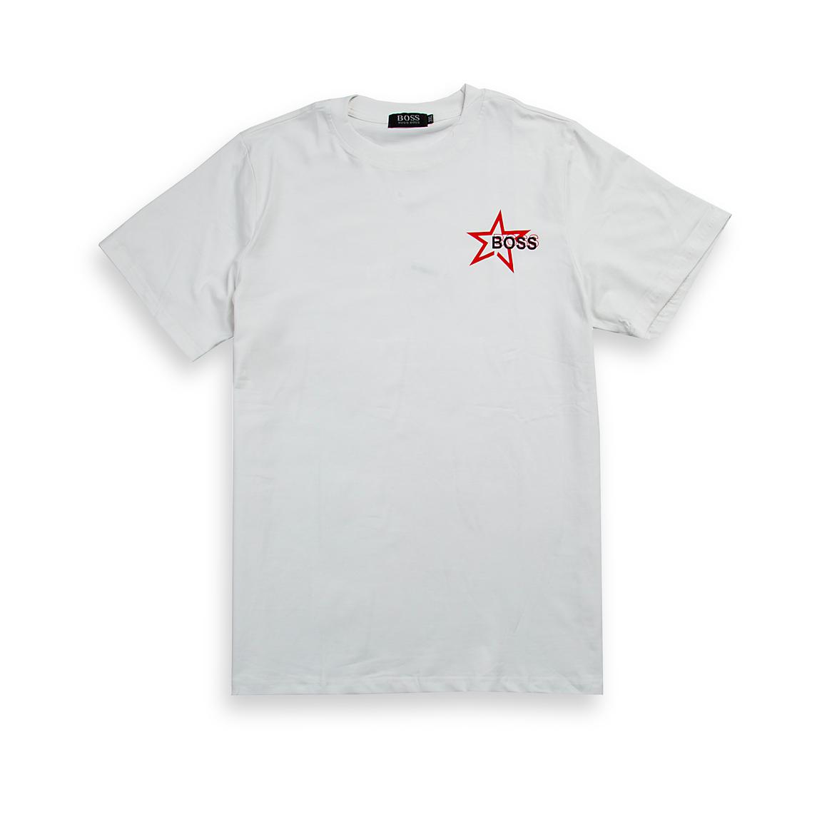 A clean, classic white, short-sleeved, crew-neck t-shirt. It features a small, striking graphic positioned on the left chest area.