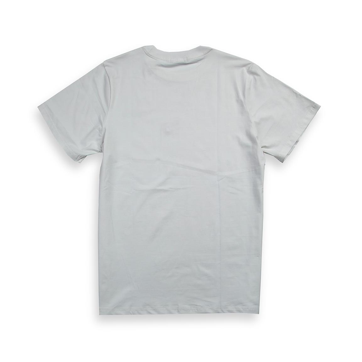 A clean, classic white, short-sleeved, crew-neck t-shirt. It features a small, striking graphic positioned on the left chest area