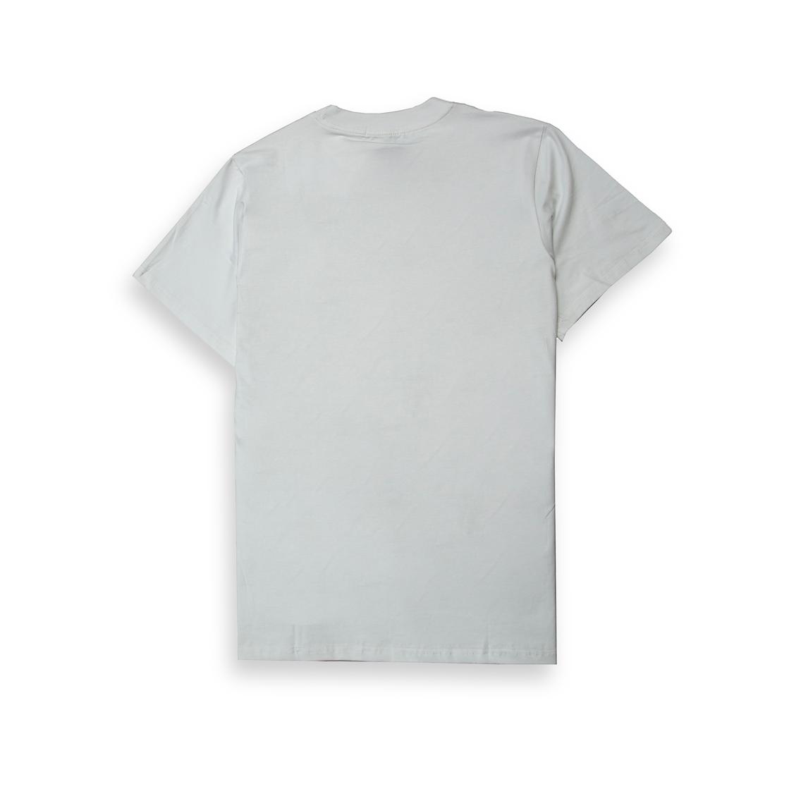  This is a white, short-sleeve crew-neck t-shirt featuring a bold, playful, and high-fashion inspired graphic slogan.