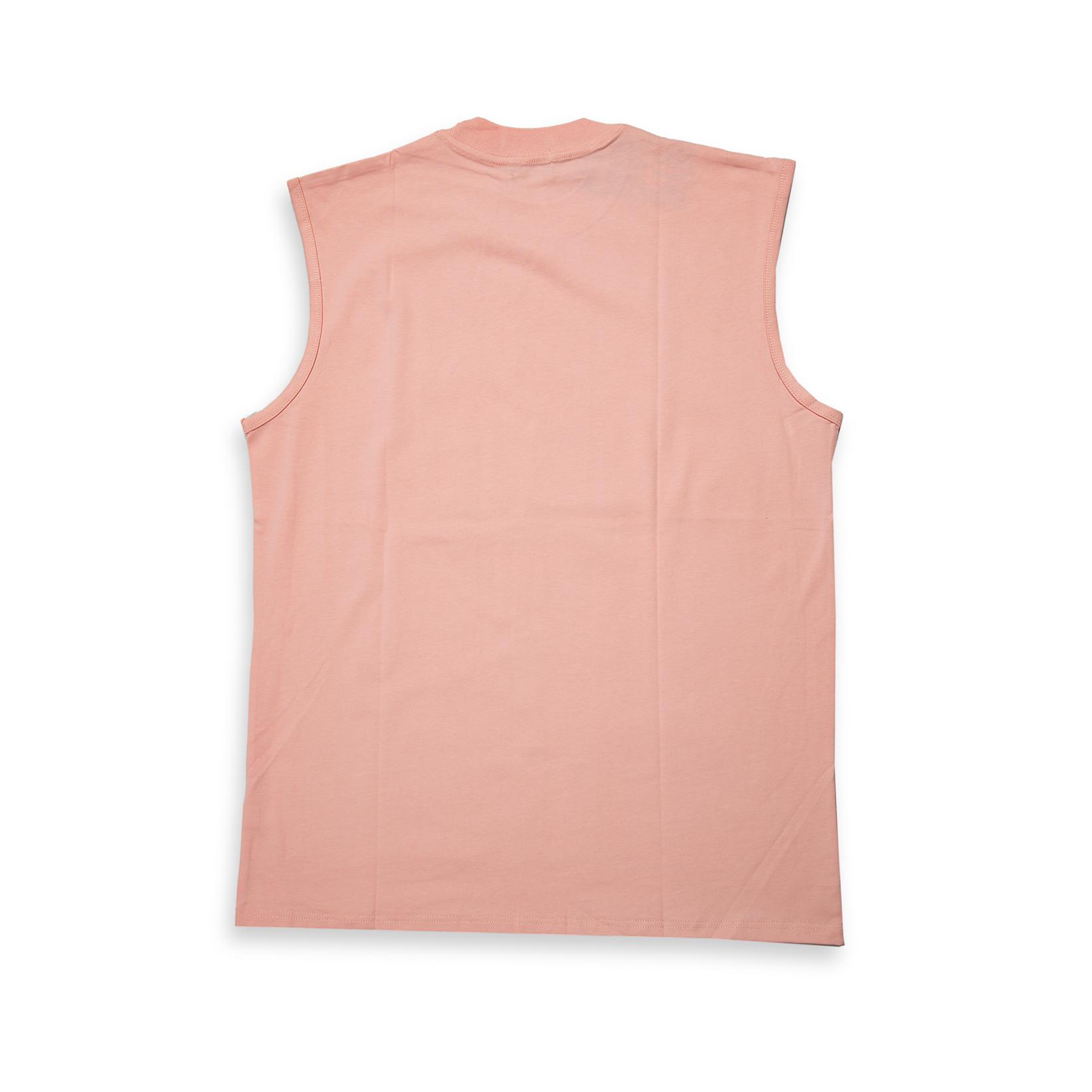 This is a stylish, regular-fit, crew-neck sleeveless t-shirt featuring a bold, multi-layered graphic design on the chest.