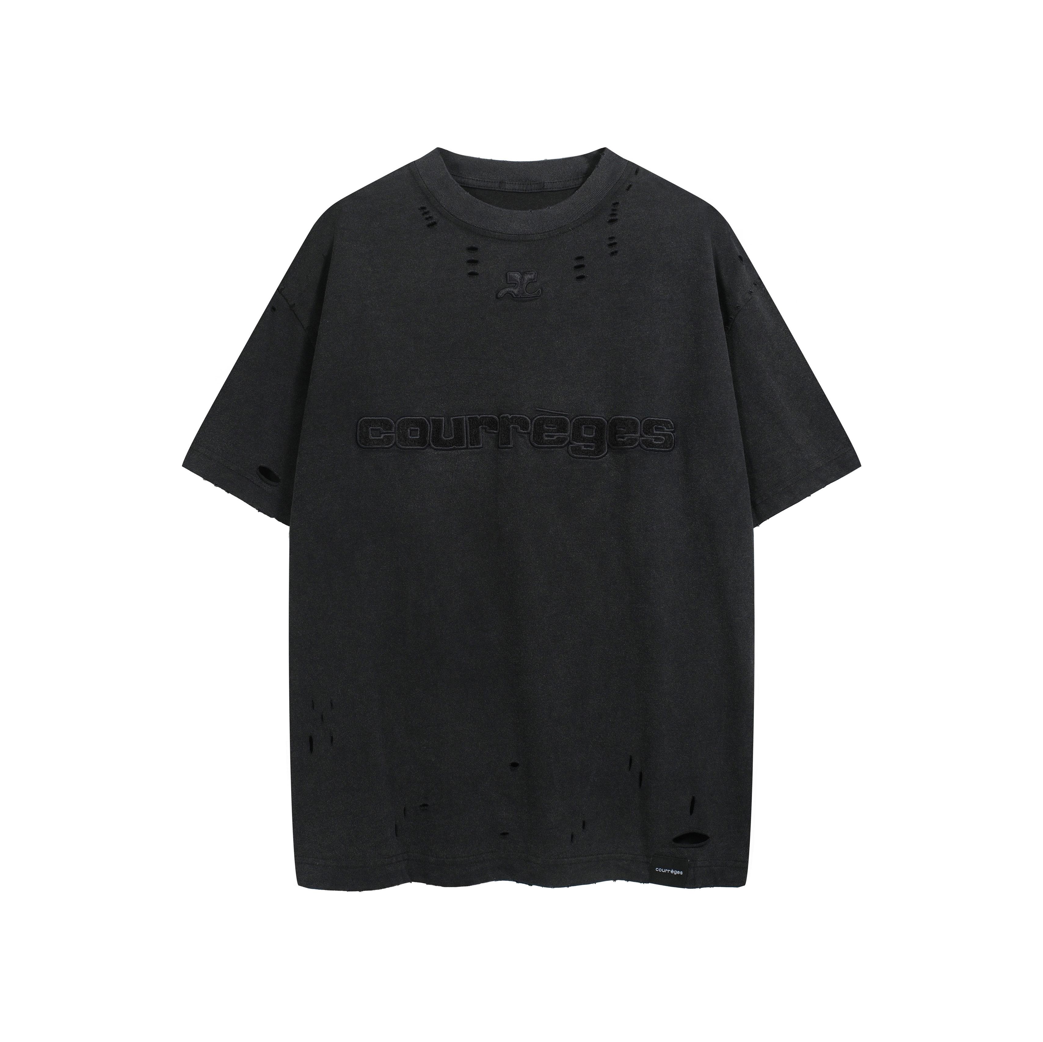 Courrèges Unisex Distressed T-Shirt - Embossed Logo Black