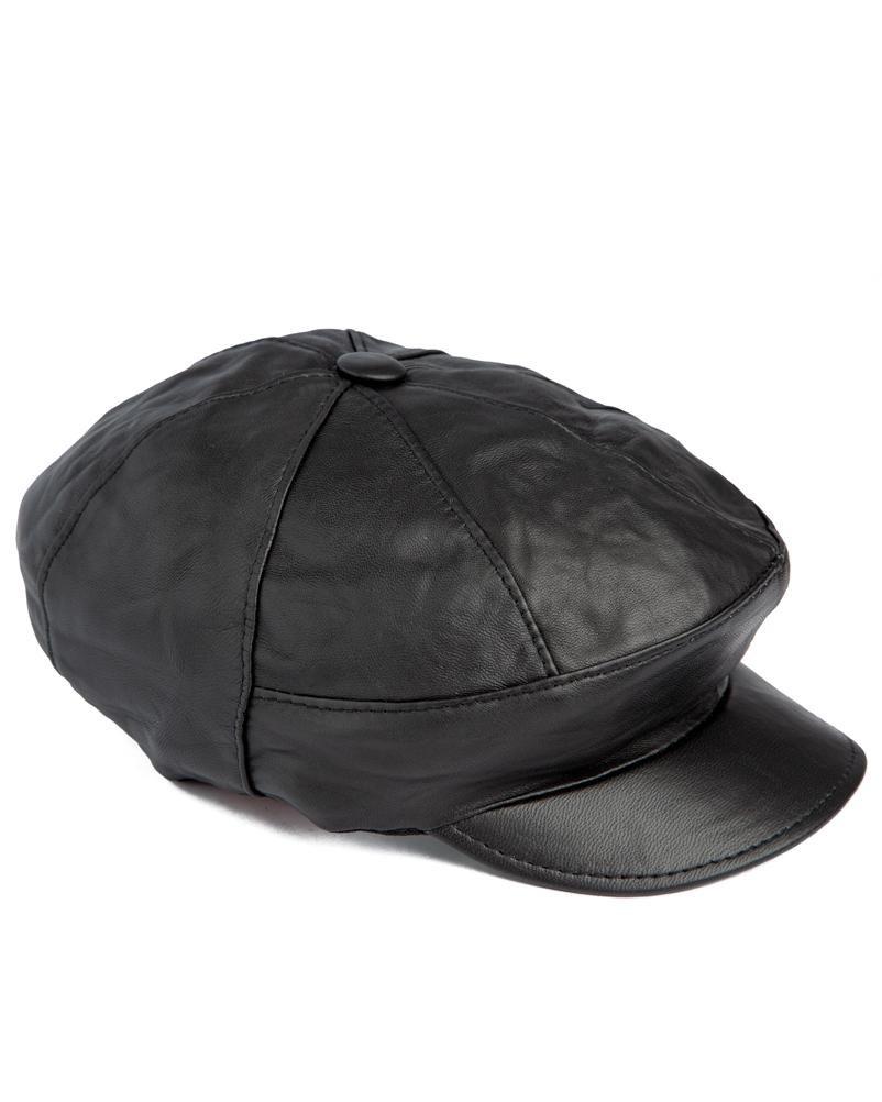 Classic Black Leather Newsboy Cap, Eight-Panel Gatsby Cap, Genuine Leather Hat.