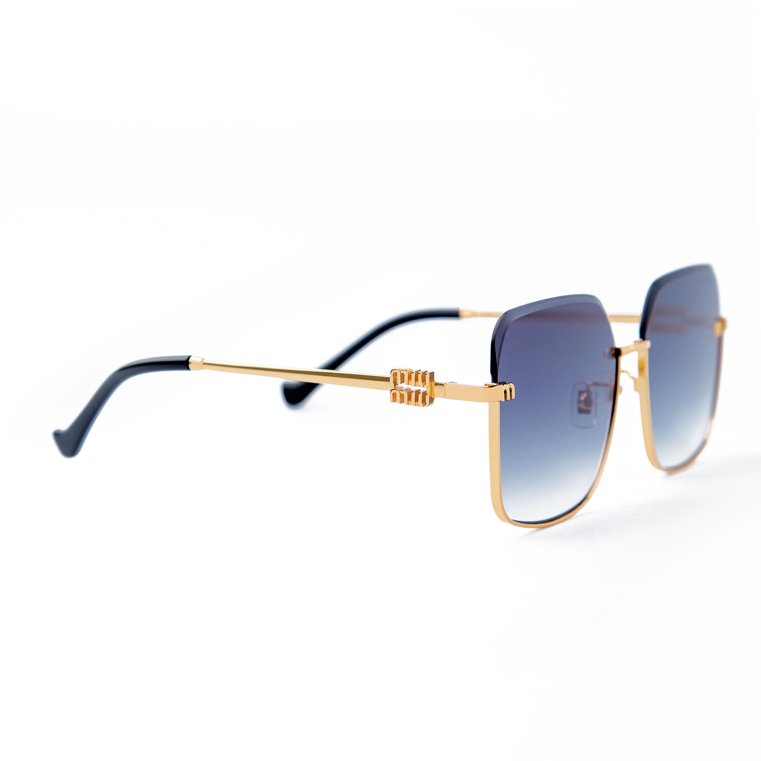 Miu Miu square sunglasses with gold frame and gradient blue lenses, featuring a luxury design. Men's fashion accessory with UV protection and styl