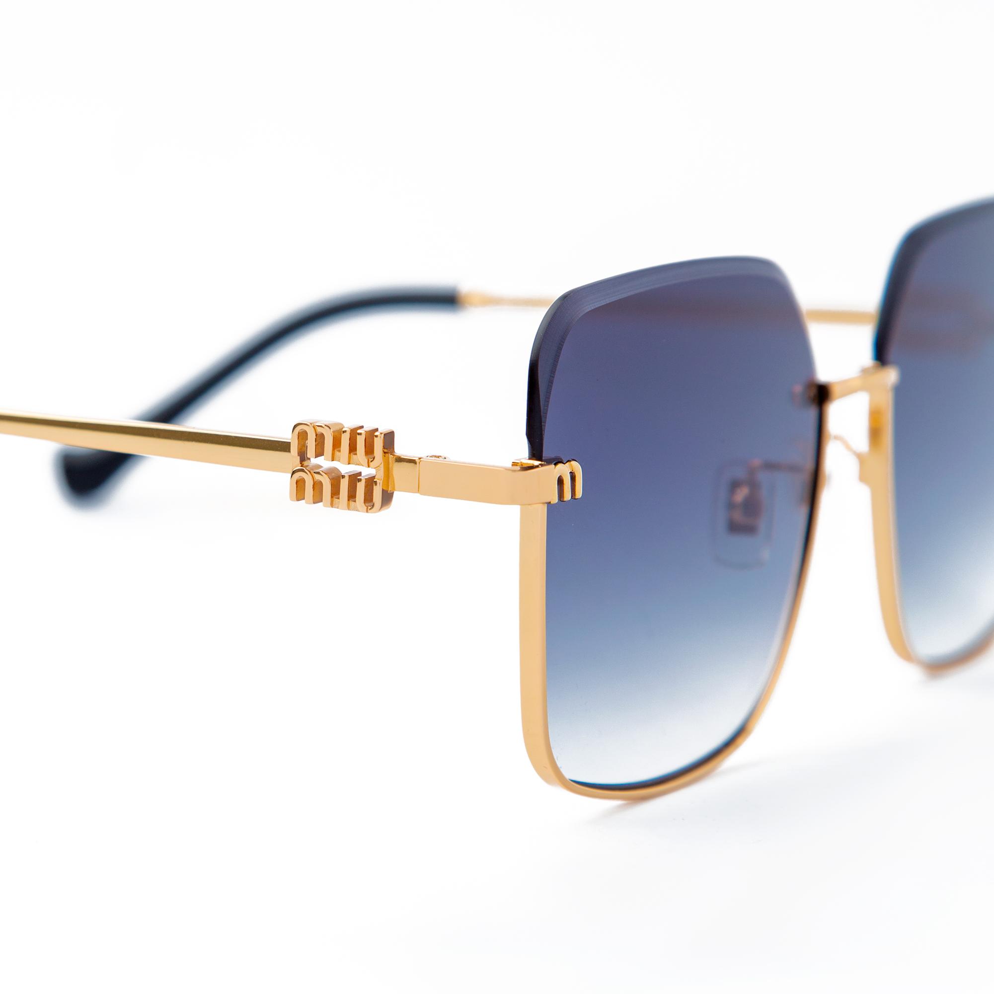 Miu Miu square sunglasses with gold frame and gradient blue lenses, featuring a luxury design. Men's fashion accessory with UV protection and styl