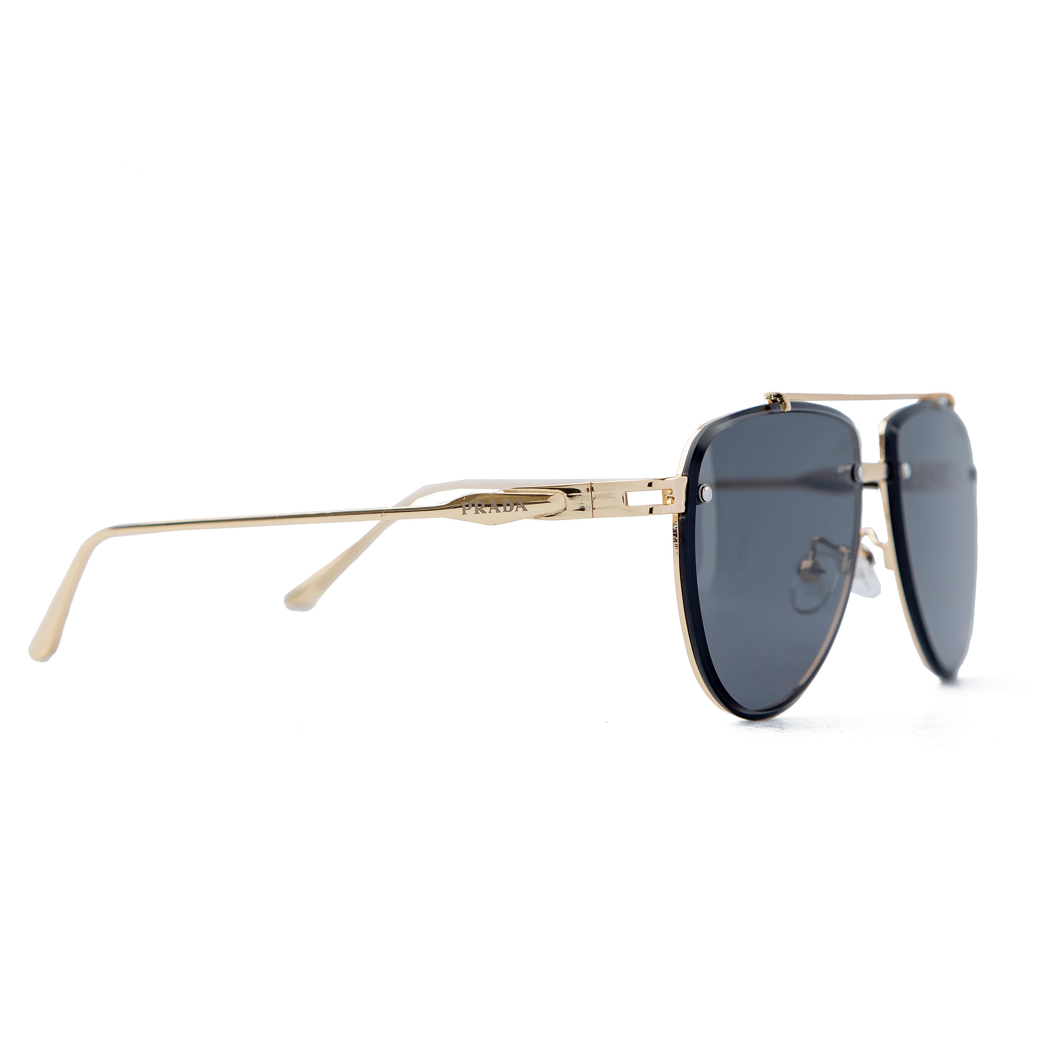 Prada gold aviator sunglasses with dark gray lenses, featuring a luxury gold-tone metal frame and Prada branding, offering UV protection and timeless style