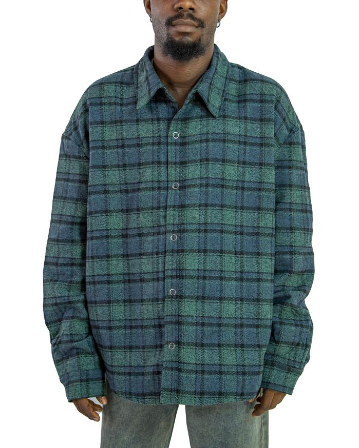Green and black plaid padded flannel jacket