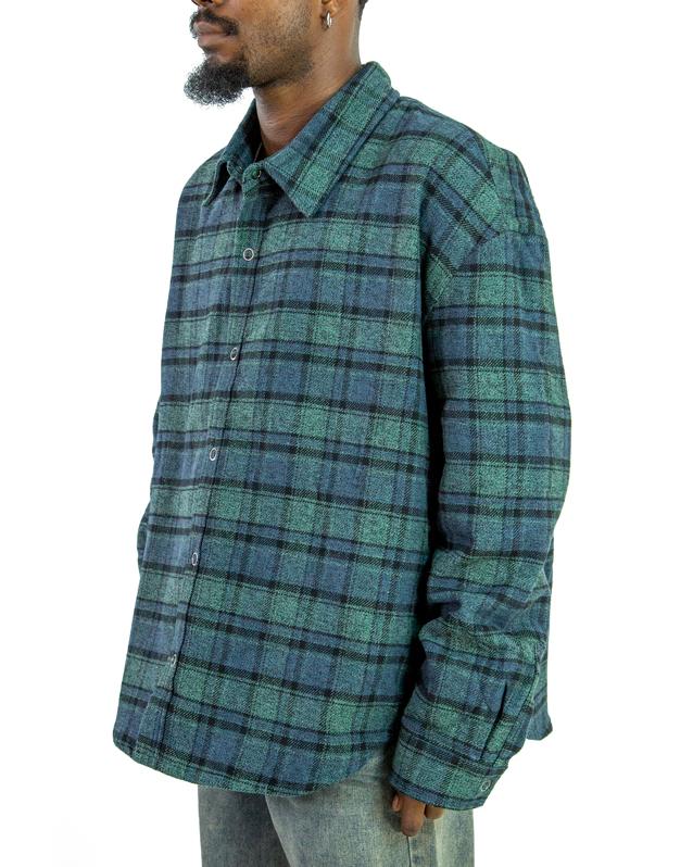 Green and black plaid padded flannel jacket