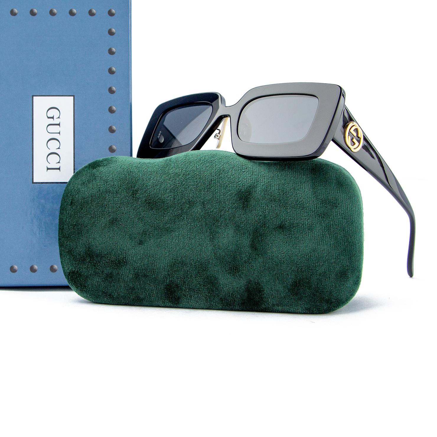 Gucci Black Square Sunglasses with gold GG logo and green case