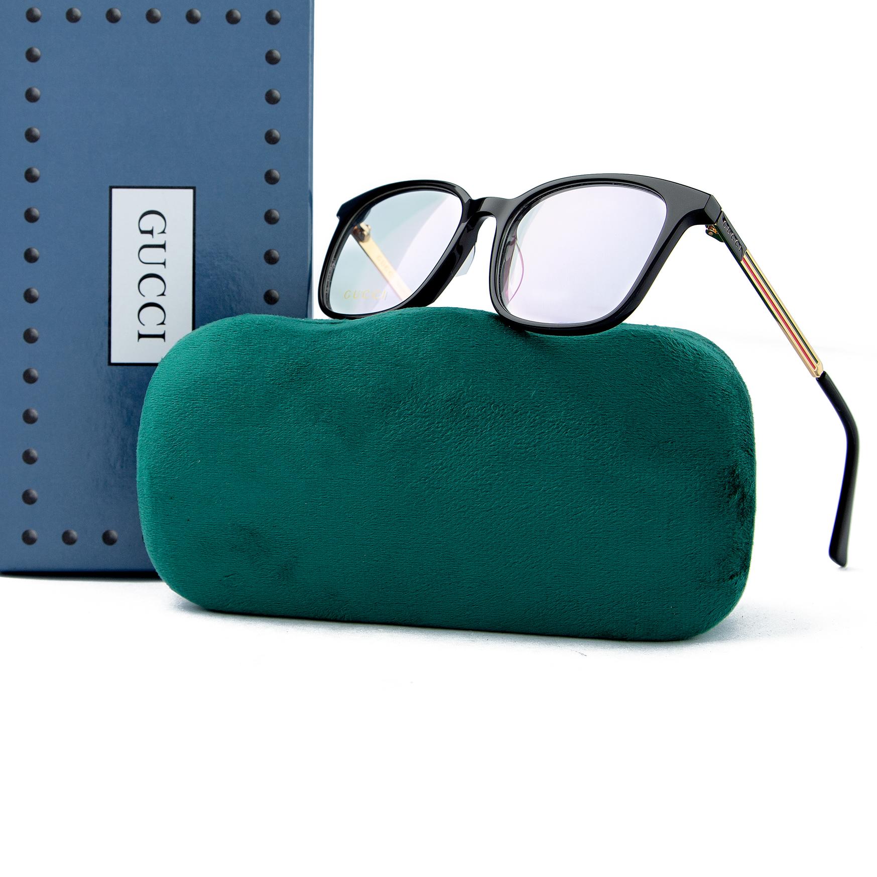 Gucci Black Frame Eyeglasses with gold accents and green case