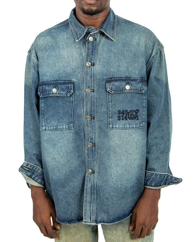 Men's blue denim long-sleeved prom shirt with button-down closure and front pocket.