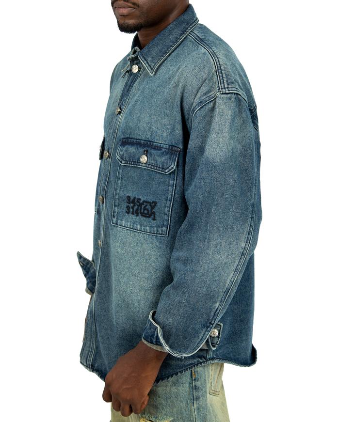 Men's blue denim long-sleeved prom shirt with button-down closure and front pocket.