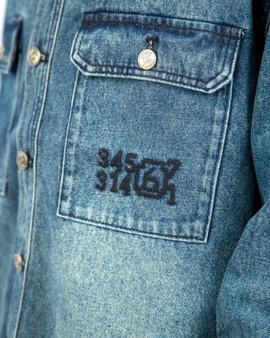 Men's blue denim long-sleeved prom shirt with button-down closure and front pocket. 