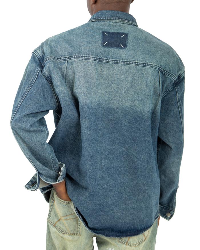 Men's blue denim long-sleeved prom shirt with button-down closure and front pocket