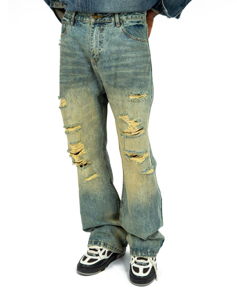 Distressed Wide-Leg Denim Jeans, Light Blue Faded Wash, Unisex, Lagos, Nigeria.