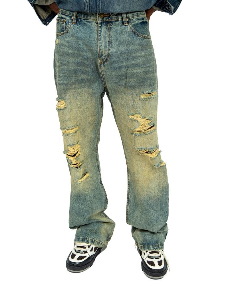 Distressed Wide-Leg Denim Jeans, Light Blue Faded Wash, Unisex, Lagos, Nigeria.